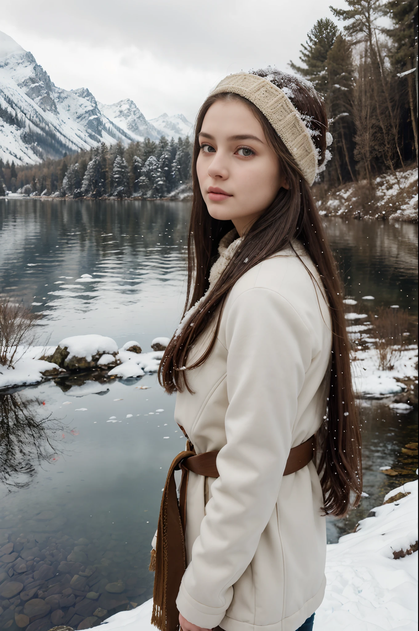 portrait, (masterpiece), (best quality:1.4), absurdness, [:intricate details1.5], 1girl, perfect face, tree, snow, solo, outdoors, water, mountain, waterfall, winter outfit, long hair, scenery, winter, lake, (looking at viewer:1.4), day, sky, reflection, 64k, ULTRAHD,