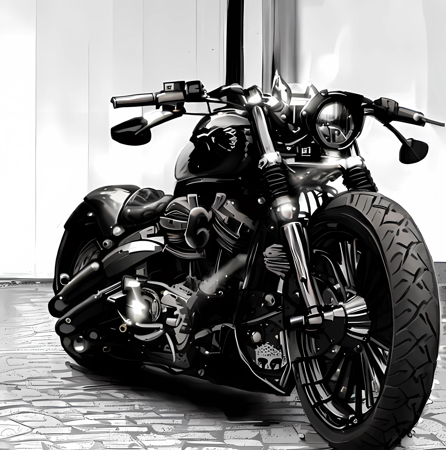 There is a black and white photo of a motorcycle parked on the street, Harley Davidson Moto, motocicleta, Motocicletas, Harley Davidson, com grandes tubos cromados, cromo e carbono, chrome motorcycle parts, motocicleta, olhar, in style of chrome hearts, motocicleta steampunk, preto & Branco, Directed by: Hans Schwarz, cool looking, motociclista, motocicleta futurista, Elegante!!!