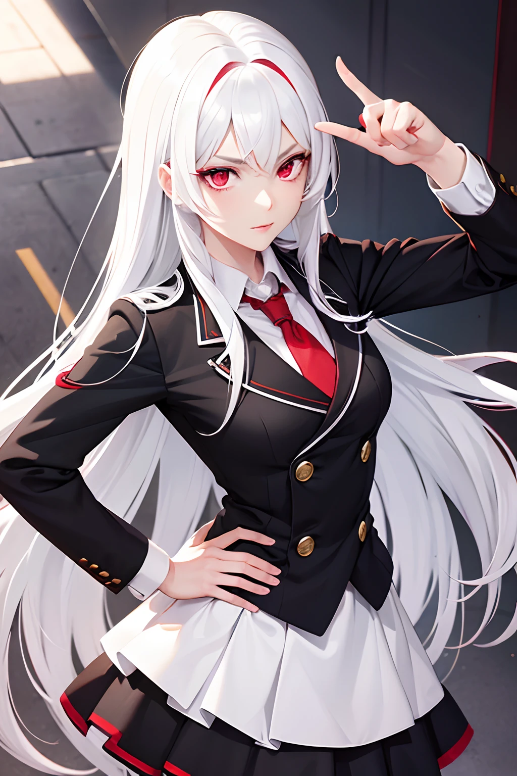 white hair, red eyes, woman, school uniform, jojo pose, white hair, red eyes, long hair