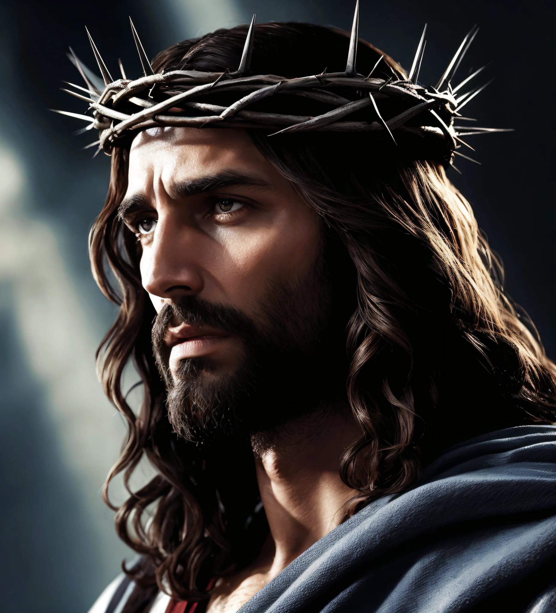 "a portrait of Jesus Christ focused only on his face, wearing the crown of thorns, trickling from the thorns, rivulets of blood. he's serene, with an expression of compassion and suffering. Your eyes reflect peace and love, and his countenance conveys a deep sense of hope and resilience, despite the crown of thorns. the soft light highlights his features and the spiritual significance of the scene."