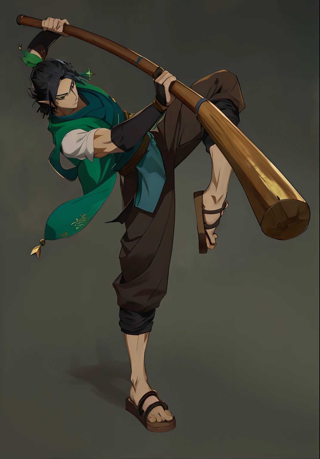 anime character with a wooden staff and green scarf, concept art of a monk, Fighter Pose, druid, fighting game character, Fighting Pose, elf druid