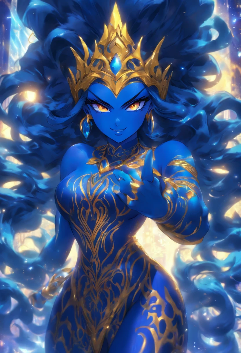 woman is mother goddess of monster,milf,(giganticboobs),(shiny hair),very long hair,(((flipped hair))),sidelocks,(dark blue hair),yellow eyes,(shiny skin),(((colored_ skin))),((((blue skin)))),(gold tiara),(((indigo goddess clothes))),(cleavage),((thong)),in the great palace