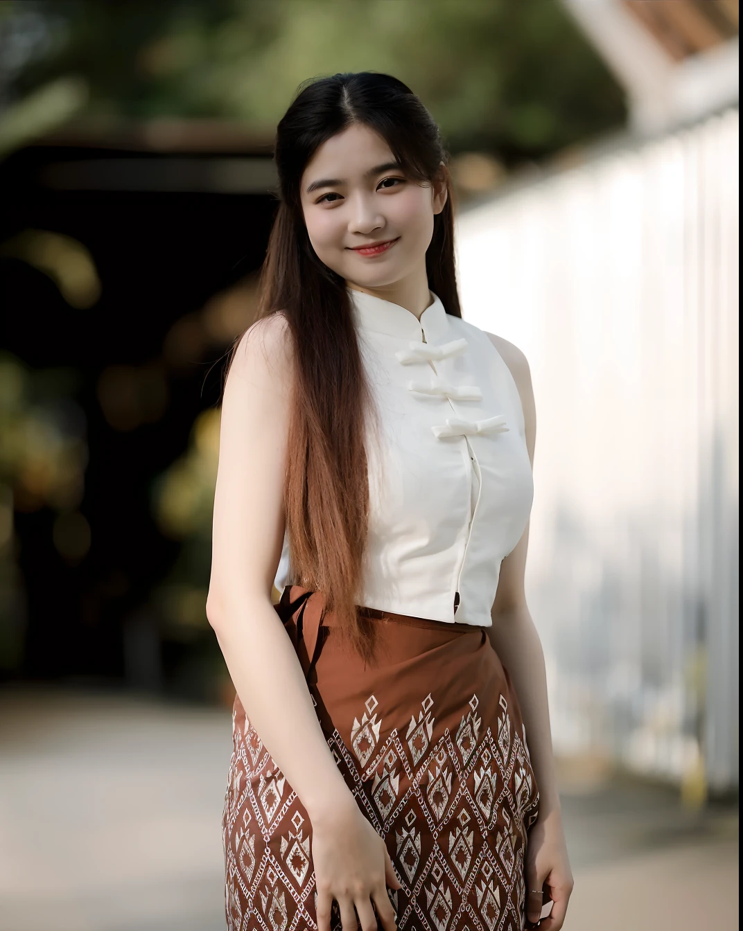 there is a woman that is standing in a skirt and smiling, nivanh chanthara, sukhothai costume, a young asian woman, anime thai girl, young asian girl, in style of lam manh, asian girl with long hair, south east asian with long, a cute young woman, in style of thawan duchanee, with long hair