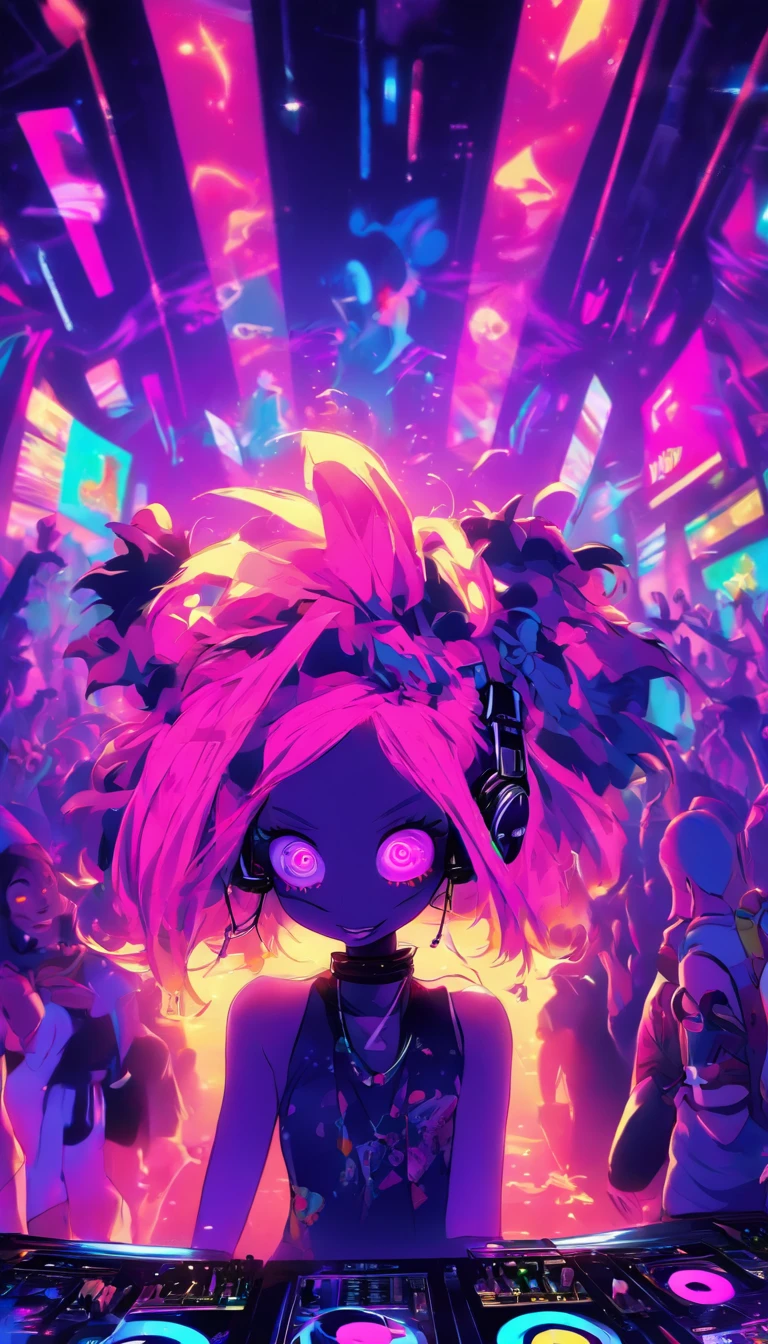 Upper body, Female zombie DJ, Look at the crowd，Tattooed with，purple eyes，White hair， Quirky, Vibrant appearance, Playful accessories, Bright colors，Creative behavior, Rambled, Sensual, Spontaneous, DJ headphones, ((Mixing Console)), glitchpunk girl, raver girl,Music Clubs, night club, Independent cinema, People dancing on dance floor background, Underground danceclub, Underground danceclub，night club, Highest quality, Skin texture, Intricate details, (Cinematic lighting), RAW photo, 8K，Psychedelic surrealist art，Surrealist psychedelic design，dream art style，Illusion psychedelic art， Colorful dark vectors,