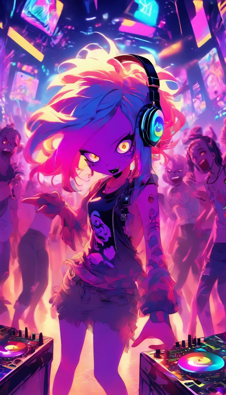 Upper body, Female zombie DJ, Look at the crowd,Tattooed with,purple eyes,White hair, Quirky, Vibrant appearance, Playful accessories, Bright colors,Creative behavior, Rambled, Sensual, Spontaneous, DJ headphones, ((Mixing Console)), glitchpunk girl, raver girl,Music Clubs, night club, Independent cinema, People dancing on dance floor background, Underground danceclub, Underground danceclub,night club, Highest quality, Skin texture, Intricate details, (Cinematic lighting), RAW photo, 8K,Psychedelic surrealist art,Surrealist psychedelic design,dream art style,Illusion psychedelic art, Colorful dark vectors,
