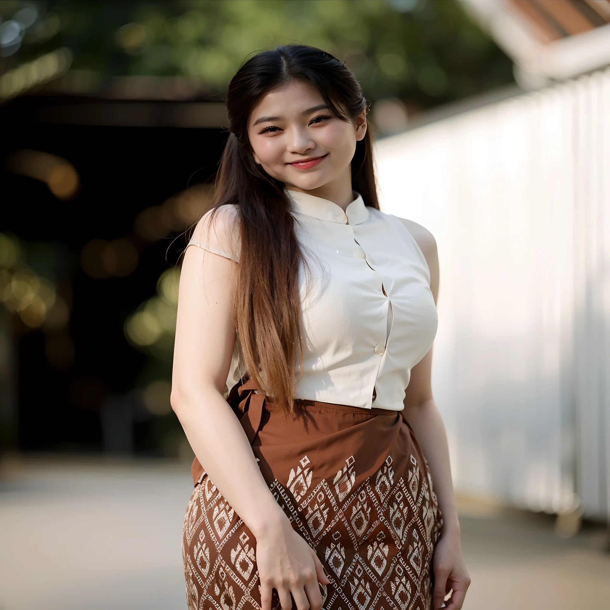 there is a woman that is standing in a skirt and smiling, nivanh chanthara, sukhothai costume, a young asian woman, anime thai girl, young asian girl, in style of lam manh, asian girl with long hair, south east asian with long, a cute young woman, in style of thawan duchanee, with long hair