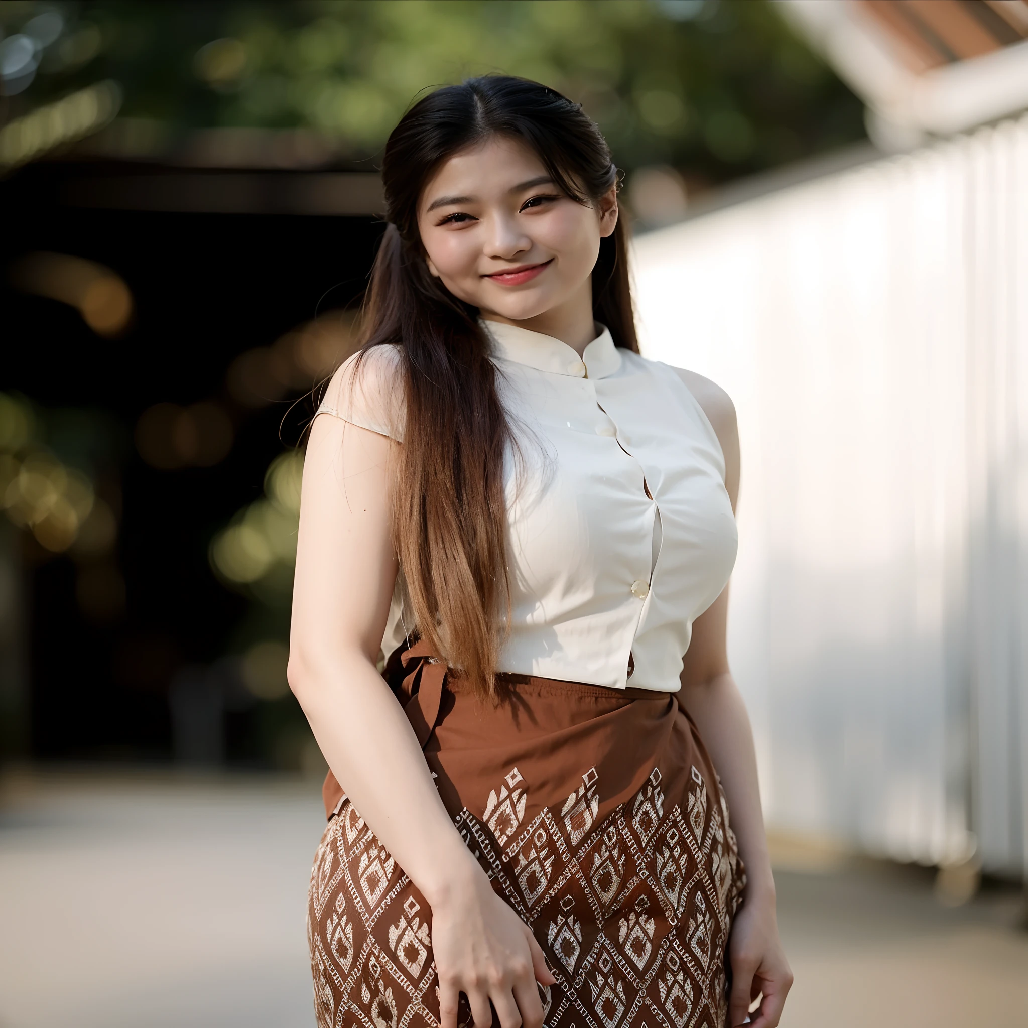 there is a woman that is standing in a skirt and smiling, nivanh chanthara, sukhothai costume, a young asian woman, anime thai girl, young asian girl, in style of lam manh, asian girl with long hair, south east asian with long, a cute young woman, in style of thawan duchanee, with long hair