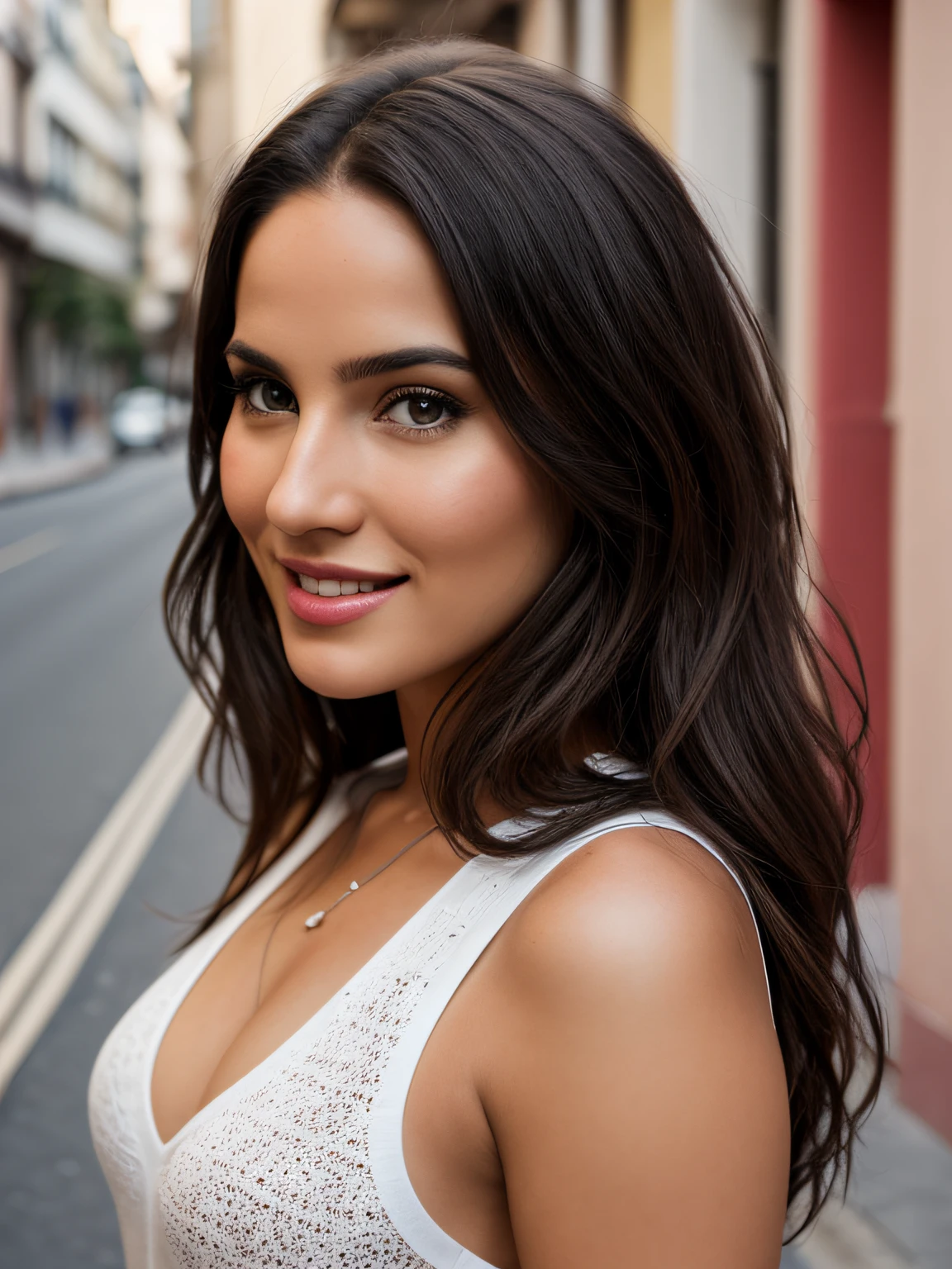 Hyper-realistic full-body photograph of a woman looking directly at the camera , Una hermosa mujer con cabello oscuro hasta los hombros con ojos claros bien definidos y penetrantes, Labios bien definidos, sonriente, Confeccionado, Leer un libro en una calle , usar ropa de moda sensual, Hyper-realistic full-body photography, cinematographic image,