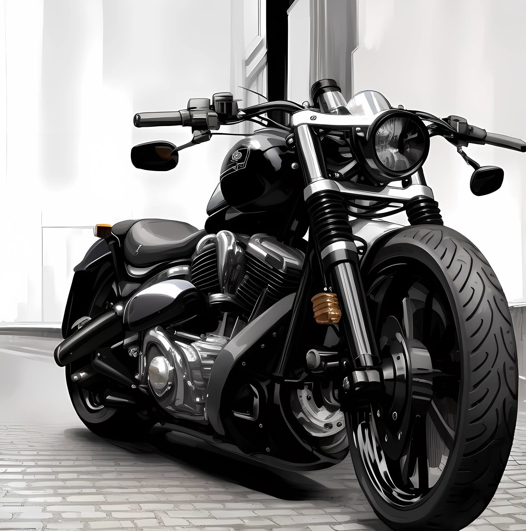 There is a black and white photo of a motorcycle parked on the street, Harley Davidson Moto, motocicleta, Motocicletas, Harley Davidson, com grandes tubos cromados, cromo e carbono, chrome motorcycle parts, motocicleta, olhar, in style of chrome hearts, motocicleta steampunk, preto & Branco, Directed by: Hans Schwarz, cool looking, motociclista, motocicleta futurista, Elegante!!!