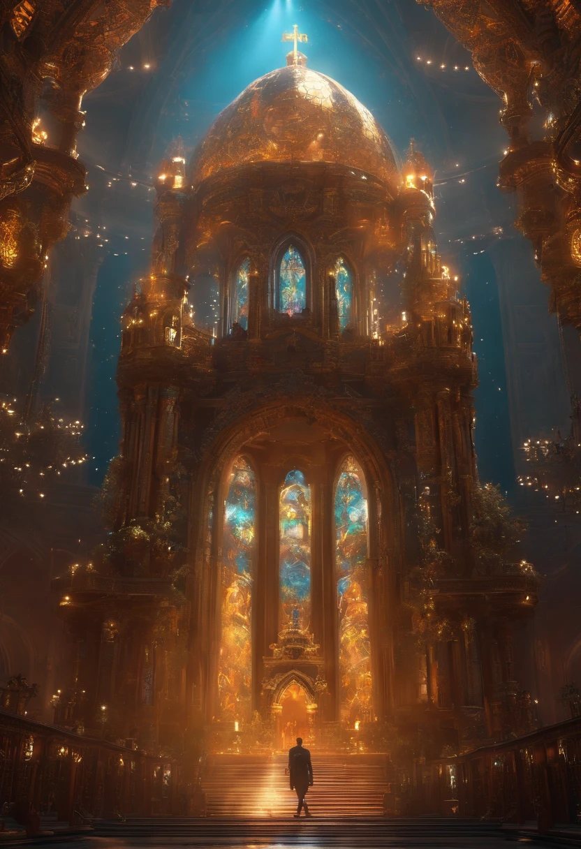 A super-giant bipedal walking mechanical church, Very bright colors, Light particles, with light glowing, Mshiv, wallpaper art, UHD wallpaper