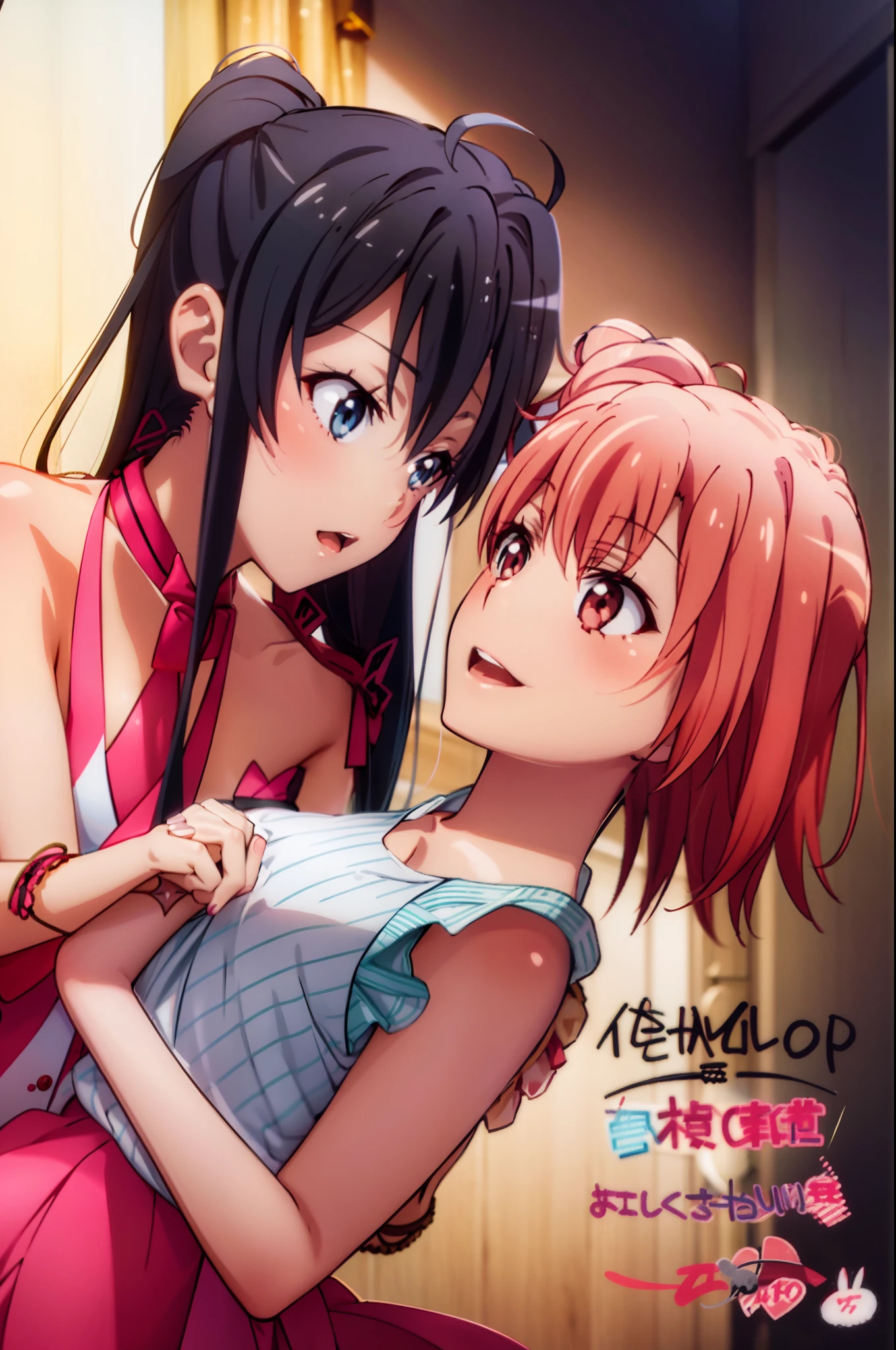 2 girls , Yukinoshita Yukino , yuigahama yui&#39;bust and thighs are great,In underwear,sit facing forward,belly button,light pink panties,white panties,thighs,knees,(high angle),(beautiful eyes),open mouth smile,Insert your head