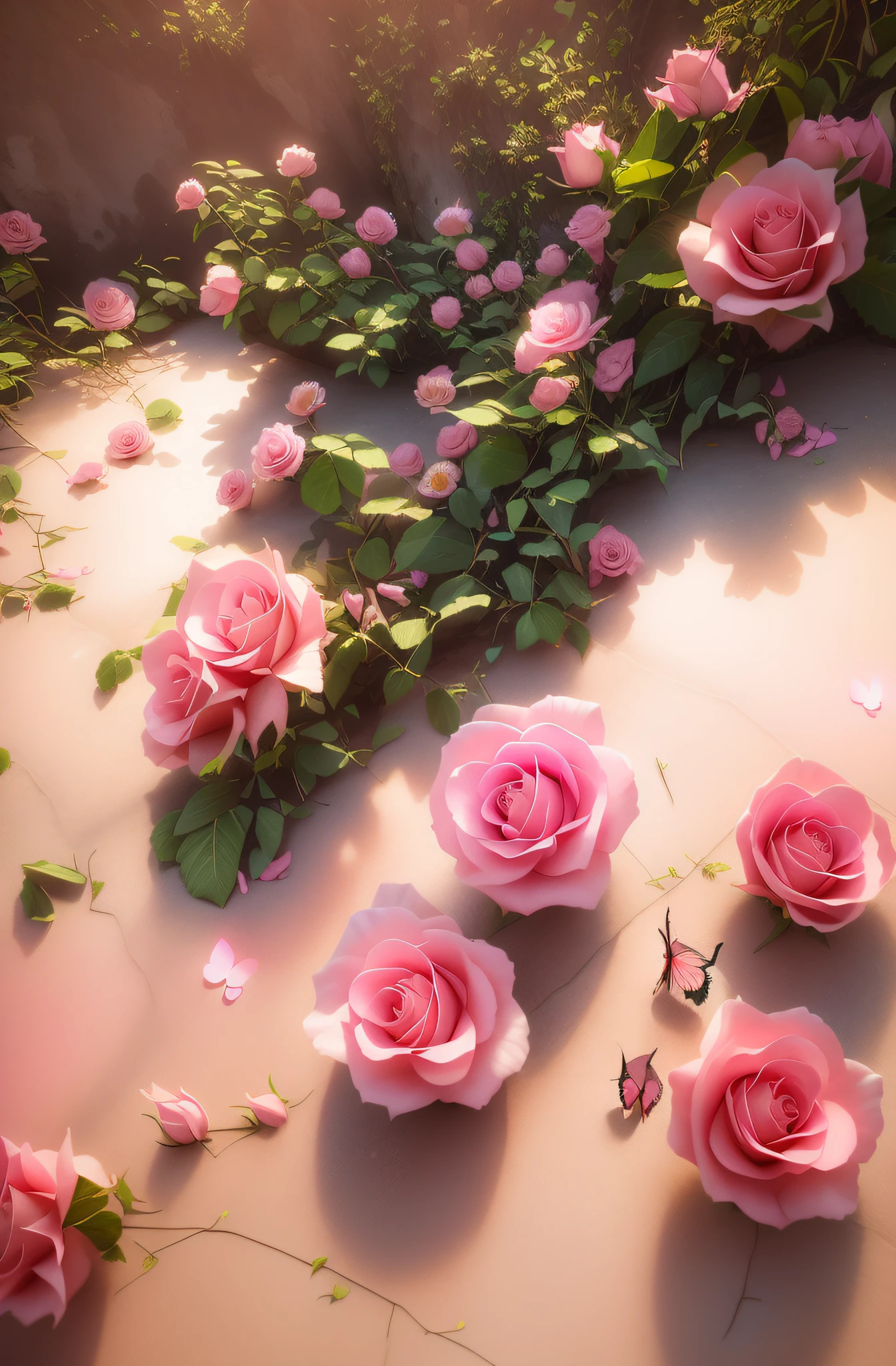 There are many pink roses growing on a bush in the sun, roses in cinematic light, renderizado em povray, renderizado em maia e houdini, renderizado em Arnold, Roses, Renderizado em Houdini, fundo das rosas, rosas e flores de samambaia exuberantes, renderizado no motor arnold, renderizado no lumion pro, beautiful composition 3 - d 4 k, renderizado em lumion, ((Beautiful pink with delicate petals and colorful butterfly)|(rosa encantadora adornada com borboleta vibrante))