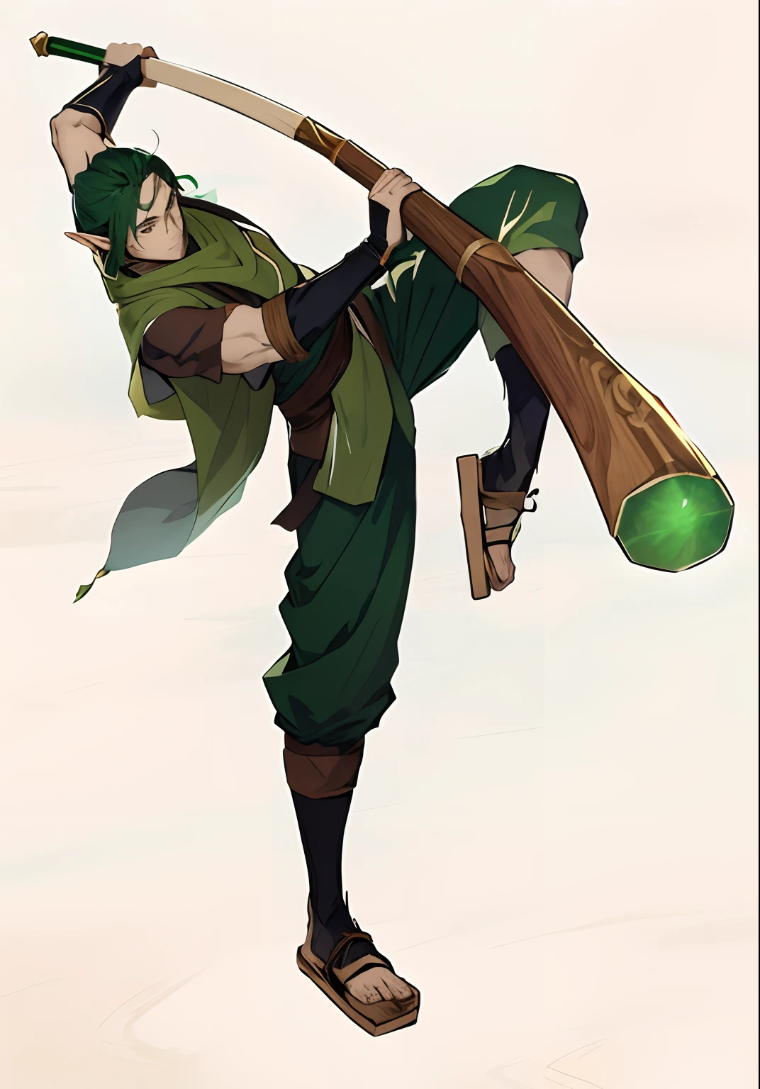anime character with a wooden staff and green scarf, concept art of a monk, Fighter Pose, druid, fighting game character, Fighting Pose, elf druid