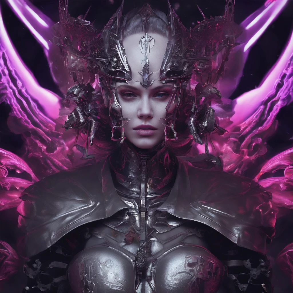 Intricate 3d rendering ultra-detailed beautiful angel of death, biomechanical robot, simulated 150mm lens, beautiful natural soft edge light, neon veins, roots, delicate leaf lace, purple and pink color details, Boris Bidjan Saberi costume, pearl earrings, piercings, art nouveau fashion embroidery, intricate details, mesh lines, Mandelbrot fractals, facial muscles, cables, microchips, villains, surreal, ultra-detailed, octane, volumetric lighting, 8k and post-production, red The white has a little bit of black, Metal Skeleton Details, Half-Human, Iridescent, Glenn Brown Style, Futuristic Room, Power of God, High Angle Shot, Complex Body Poses