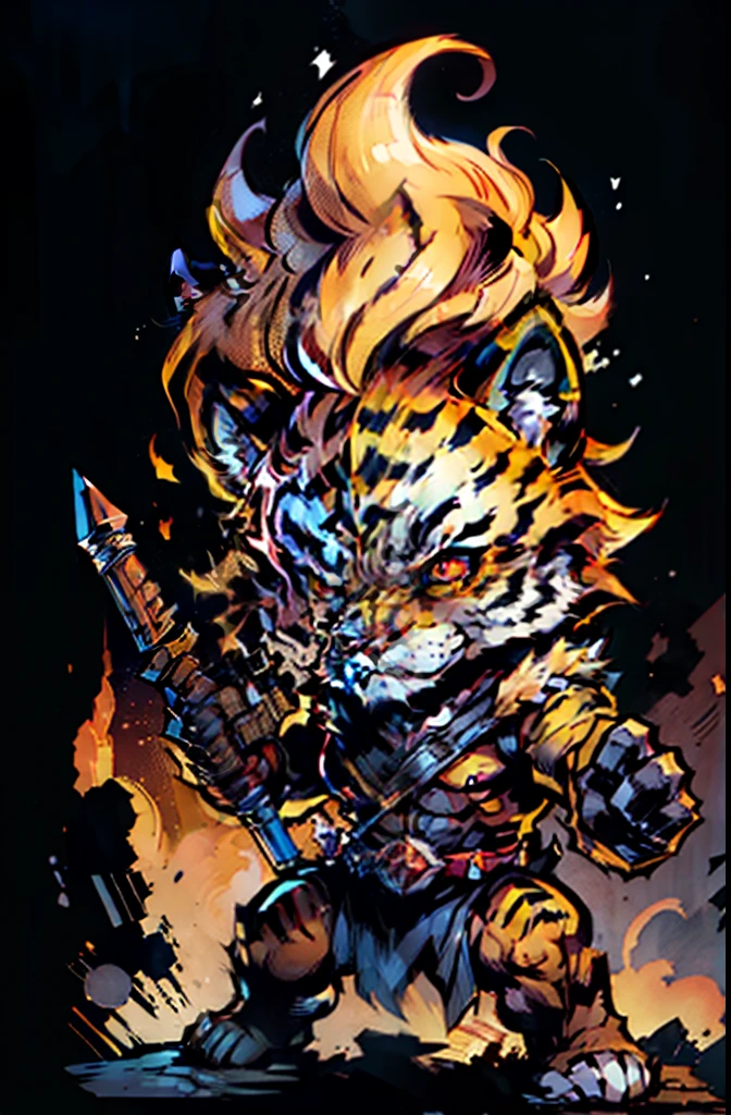 ung tiger, baby face tiger ,chibi, anthropomorphic, golden fur, big red eyes,warrior with one weapon, character 1:1, dynamique pose, simple dark background