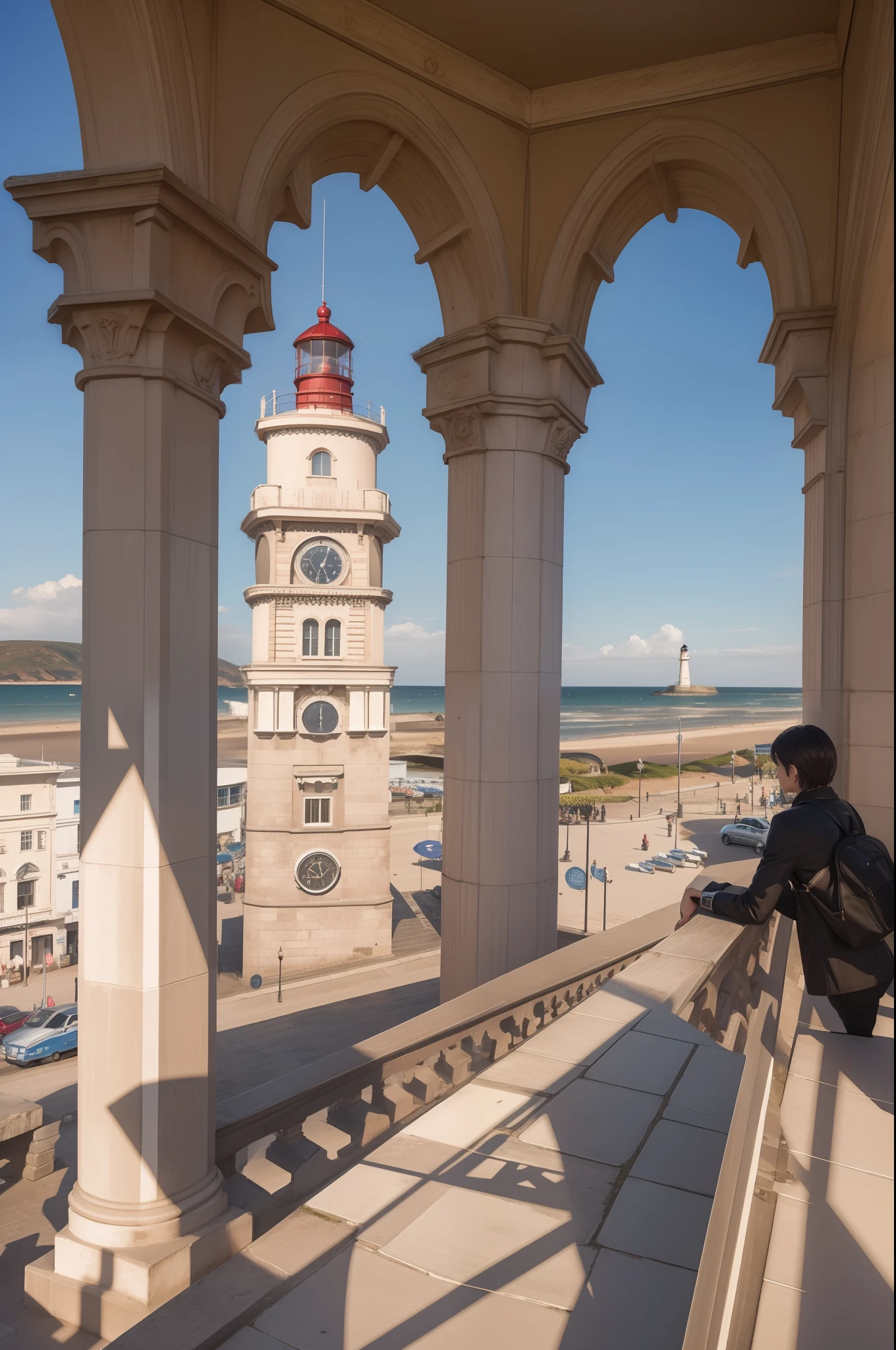 a photography of a lighthouse clock tower in gothic style as seen from a nearby arcade, the city is on the seaside, at sunset, hyperrealistic