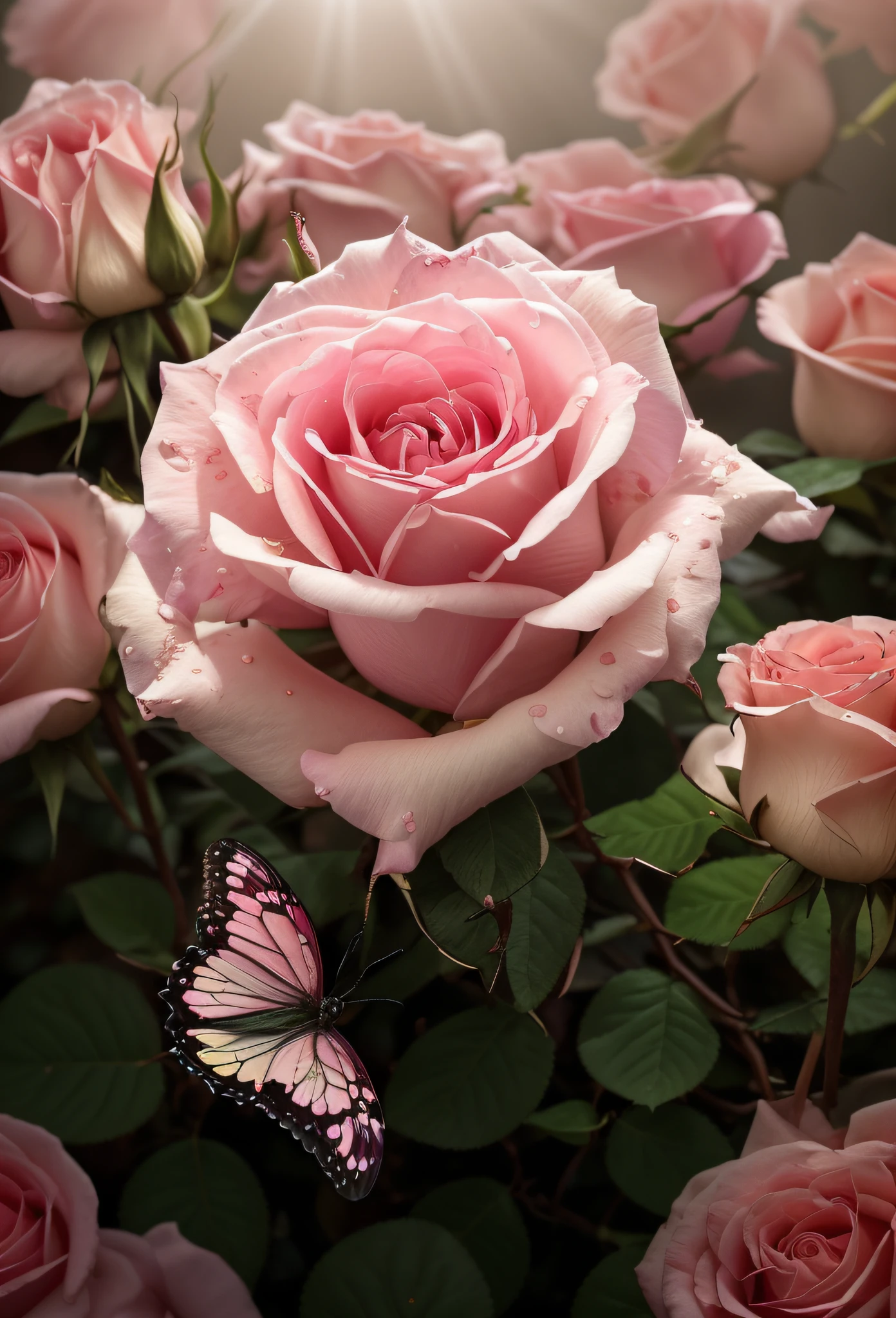 There is a pink rose with a blue butterfly on it, incrivelmente bonito, foto muito bonita, rosa rosa, Natureza Bonita, Rosa, flor bonita, bela foto, roses in cinematic light, amazing beauty, flores e borboletas, com cores lindas, bonito e colorido, foto de uma rosa, magical colorful flowers, Foto tirada com Nikon D750, There are many pink roses growing on a bush in the sun, roses in cinematic light, renderizado em povray, renderizado em maia e houdini, renderizado em Arnold, Roses, Renderizado em Houdini, fundo das rosas, rosas e flores de samambaia exuberantes, renderizado no motor arnold, renderizado no lumion pro, beautiful composition 3 - d 4 k, renderizado em lumion, ((Beautiful pink with delicate petals and colorful butterfly)|(rosa encantadora adornada com borboleta vibrante))