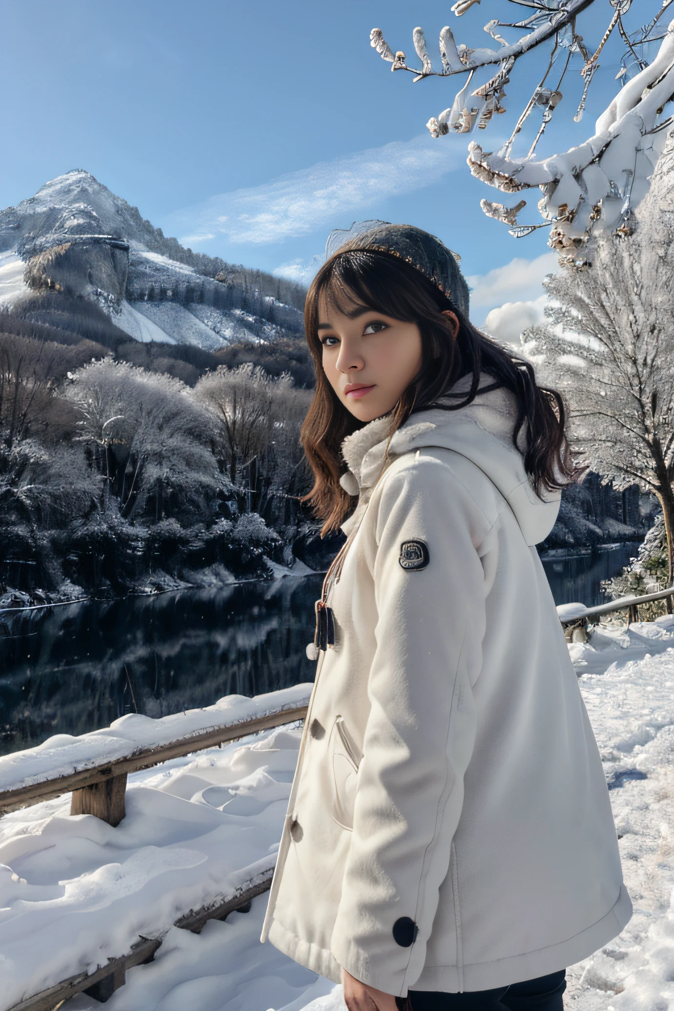 portrait, (Masterpiece), (Best quality:1.4), absurdity, [:Intricate details1.5], 1fille, visage parfait, arbre, neige, seulement, dehors, Eau, montagne, cascade, Winter clothing, cheveux longs, paysage, hiver, lac, (Regarder le spectateur:1.4), jour, ciel, reflection, 64K, ULTRAHD,