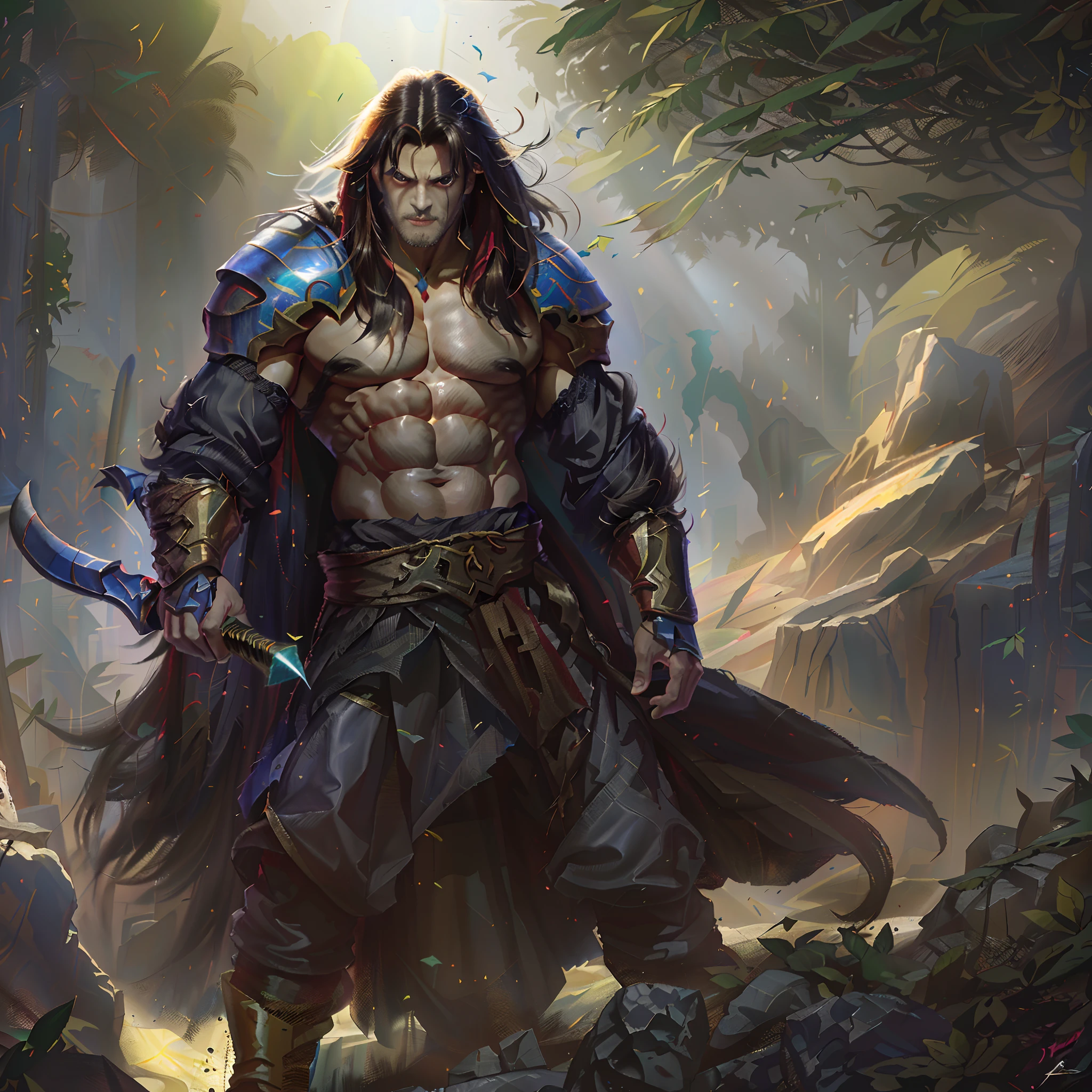 Arafed guerreiro masculino com espada e armadura andando por uma floresta, guerreiro masculino, Tyler Edlin Arte de fantasia, imagem de um guerreiro masculino adulto, epic fantasy character art, male barbarian, Directed by: Isidore Kršnjavi, Graphic artist Magali Villeneuve, Directed by: Shen Zhou, conceito de personagem de fantasia heroica, arte do personagem de fantasia, Directed by: Magali Villeneuve