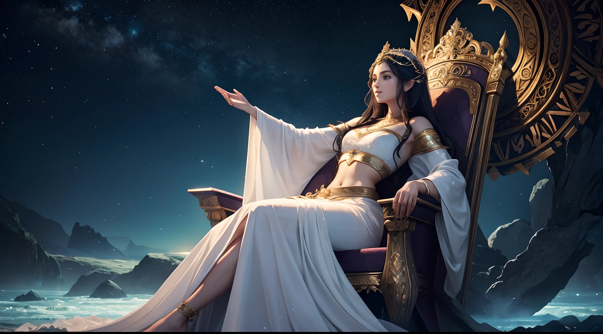 A beautiful, divine goddess, feminine, clad in silken robes, showing her midriff, in a sea of stars, sitting on her throne as she judges her servant