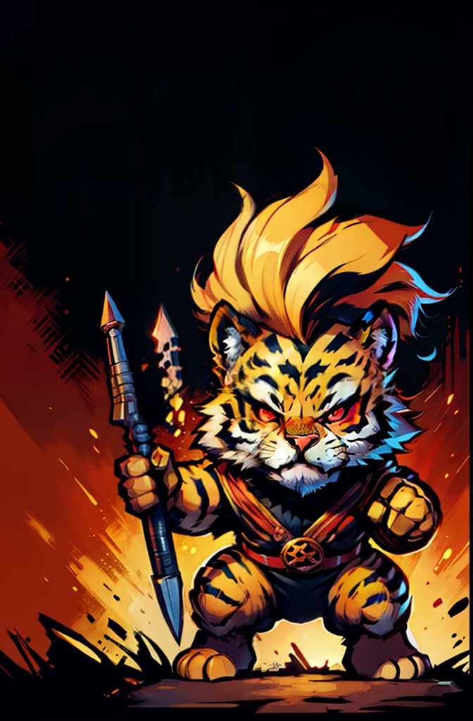 1young tiger, baby face tiger ,chibi, anthropomorphic, golden fur, big red eyes,warrior with one weapon, character 1:1, dynamique pose, simple dark background