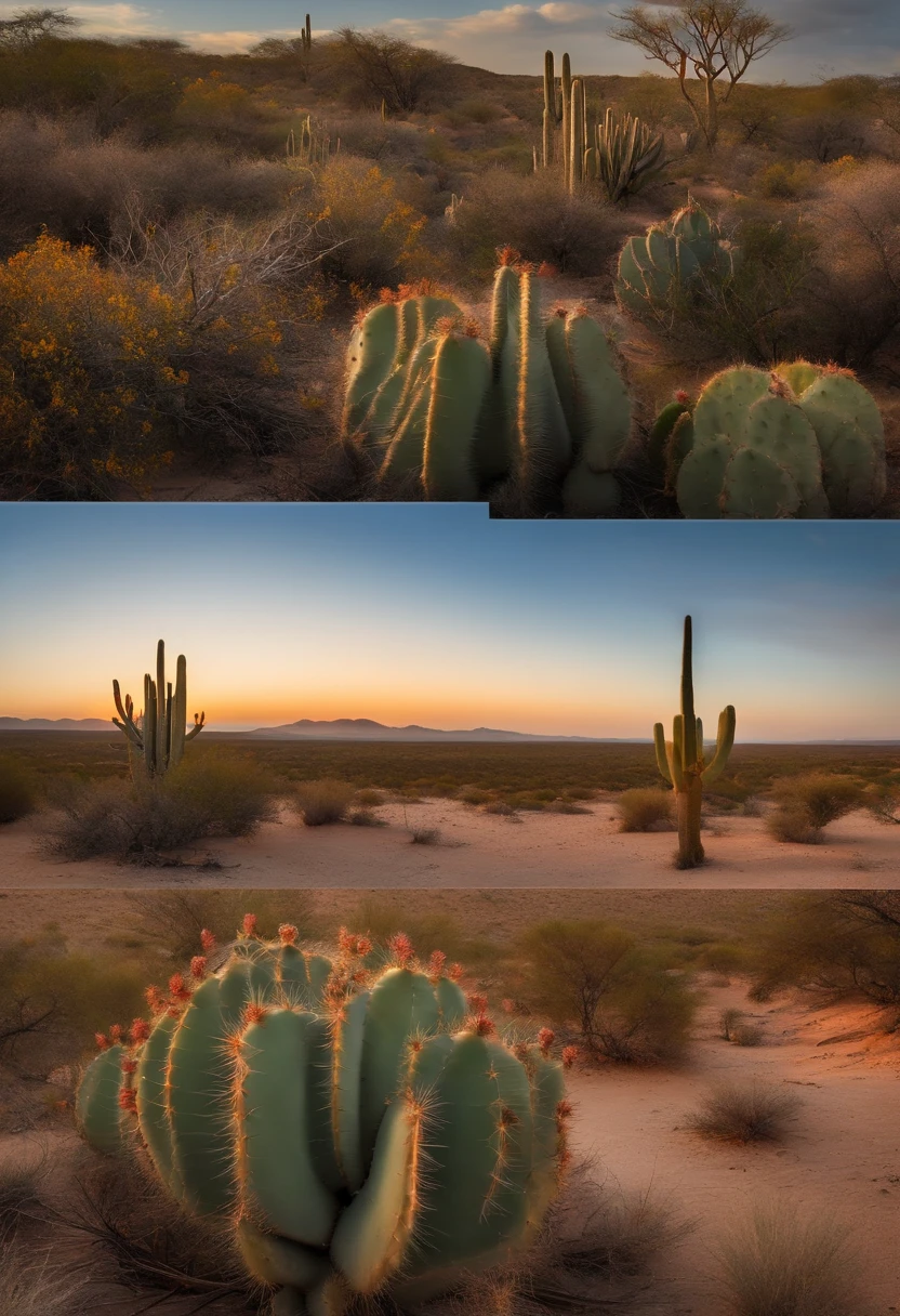 Bau de tesouro fechado ao longe na paisagem, Cactus plants in a desert area with a sky background, caatinga, paisagem do deserto, Serene desert scenery showing a treasure chest.