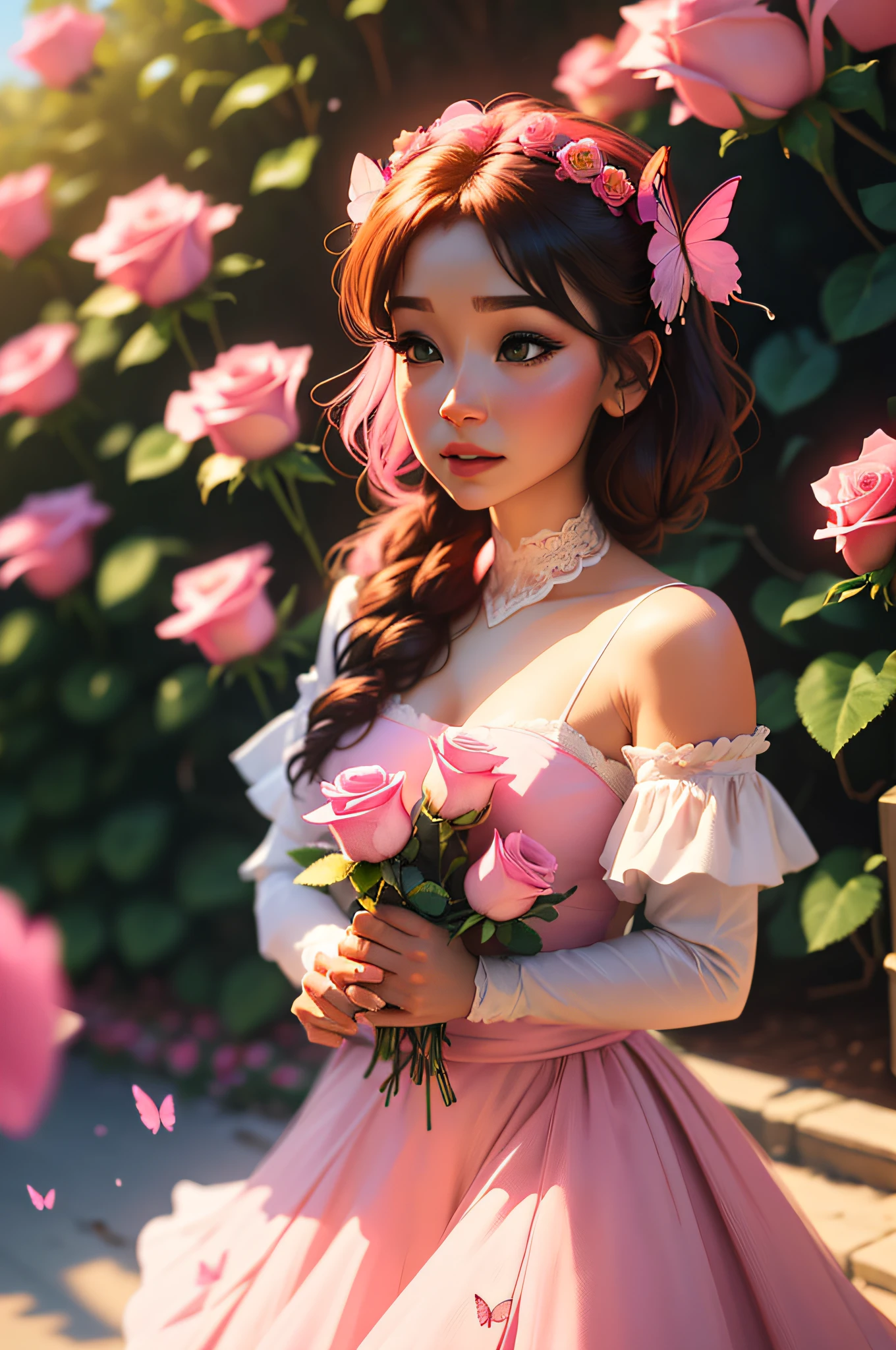 There are many pink roses growing on a bush in the sun, roses in cinematic light, renderizado em povray, renderizado em maia e houdini, renderizado em Arnold, Roses, Renderizado em Houdini, fundo das rosas, rosas e flores de samambaia exuberantes, renderizado no motor arnold, renderizado no lumion pro, beautiful composition 3 - d 4 k, renderizado em lumion, ((Beautiful pink with delicate petals and colorful butterfly)|(rosa encantadora adornada com borboleta vibrante))