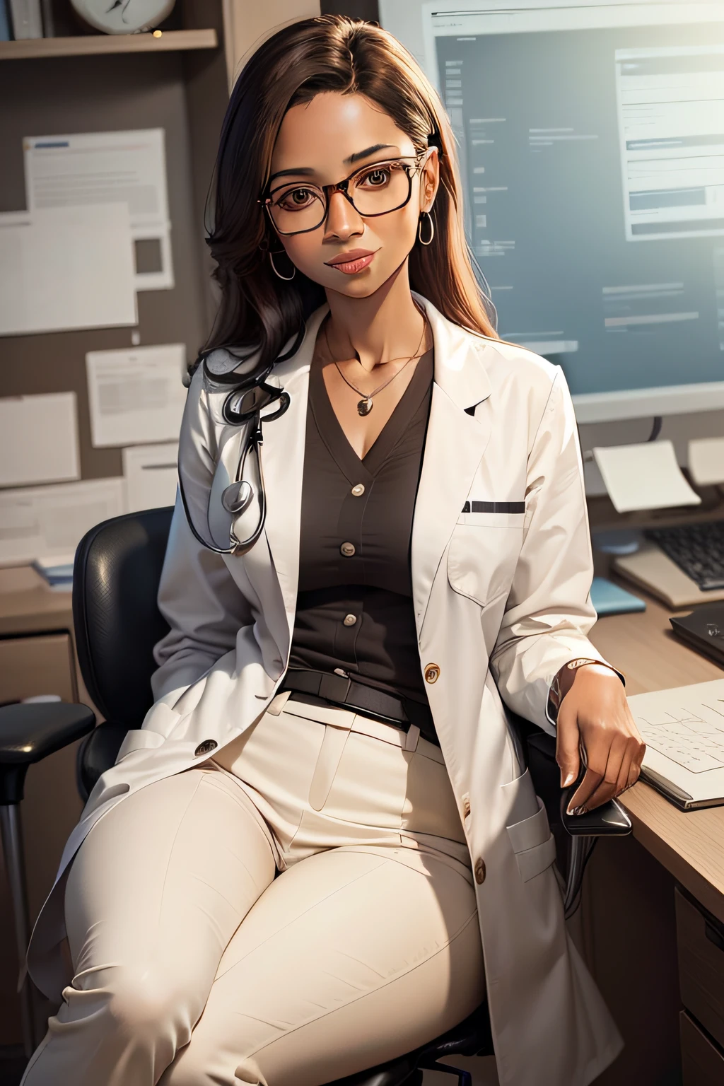 Female doctor smiling, brown hair over her shoulder, light brown skin, round black glasses, polka dot type, all-white clothes, lab coat with stethoscope, sitting in consultation in her office, realistic image in high resolution
