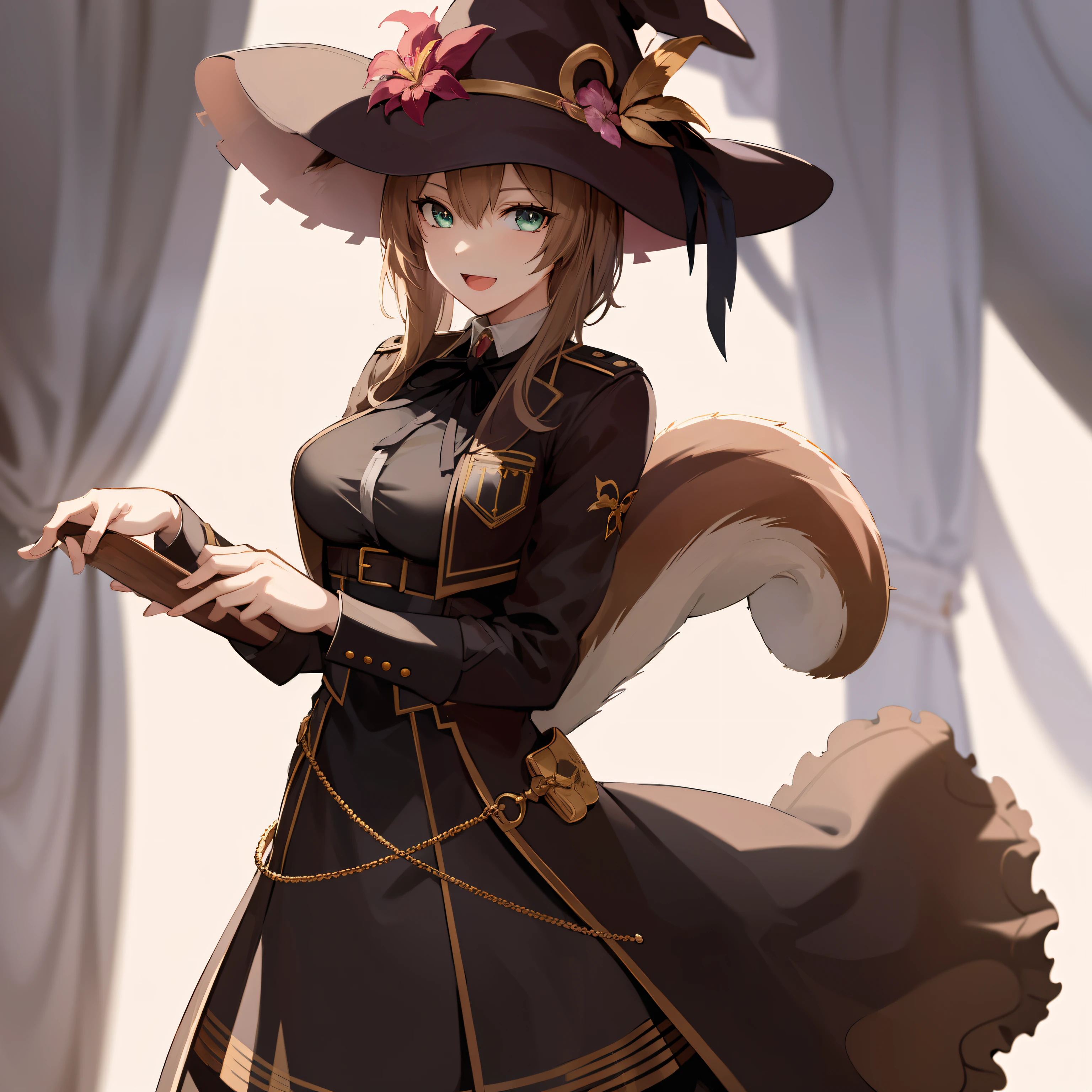 2d, masterpiece, best quality, anime, highly detailed face, highly detailed eyes, highly detailed background, perfect lighting, full body, cowboy shot, 1girl, solo, ayunda risu, squirrel girl, squirrel tail, squirrel ears, witch hat, witch, black dress, jacket, white shirt, gold trim, medium breasts, :d, neck ribbon, pink flower