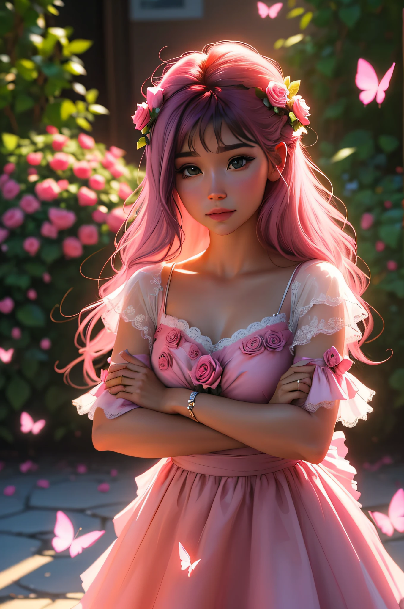 There are many pink roses growing on a bush in the sun, roses in cinematic light, renderizado em povray, renderizado em maia e houdini, renderizado em Arnold, Roses, Renderizado em Houdini, fundo das rosas, rosas e flores de samambaia exuberantes, renderizado no motor arnold, renderizado no lumion pro, beautiful composition 3 - d 4 k, renderizado em lumion, ((Beautiful pink with delicate petals and colorful butterfly)|(rosa encantadora adornada com borboleta vibrante))
