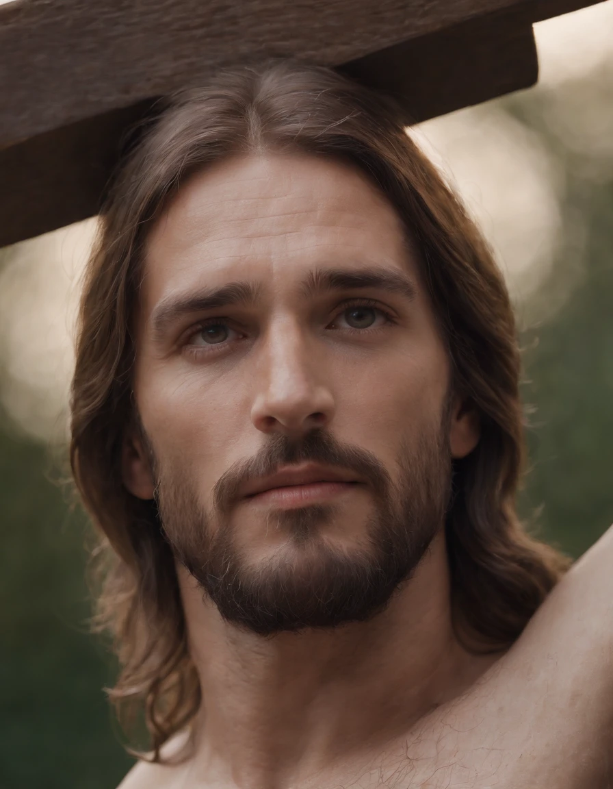 camera looking straight down at Jesus on the cross, Jesus, with arms outstretched, hangs upon the cross, his gaze directed upward toward the heavens, His expression reflects the profound moment of sacrifice and redemption, his eyes filled with both anguish and unwavering faith : Zoom in to face