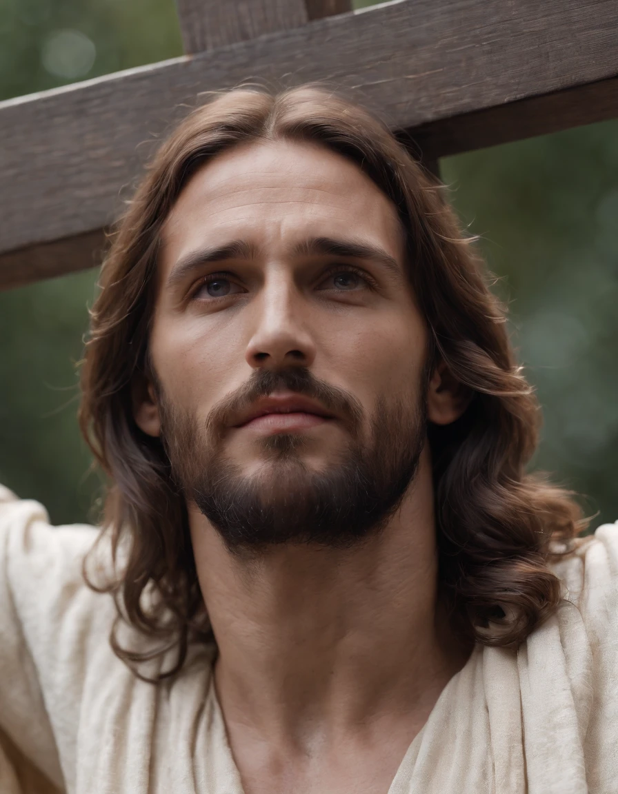 camera looking straight down at Jesus on the cross, Jesus, with arms outstretched, hangs upon the cross, his gaze directed upward toward the heavens, His expression reflects the profound moment of sacrifice and redemption, his eyes filled with both anguish and unwavering faith : Zoom in to face