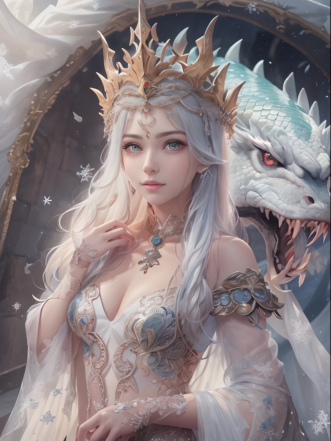 16k(tmasterpiece,K HD | | |,hiper HD,16k)20 years girl,kawaii girl,Cute Girl,A lovely child,pretty,Charming,Beautiful woman,Pretty Woman,a blond,Western style, medieval Europe, long flowing white hair,Quarto de joias no quarto dos fundos,rei branco, coroa de rainha, white dragon, Princess of Dragons, peitos grandes e pesados,Dragon Protector (realista:1.4),Python standard costume,Tiara roxo-rosa,Snowflakes fluttering,The background is pure,Keep your head up,Tenha orgulho,As narinas olham para as pessoas, A high resolution, O detalhe, Foto RAW, sharp re, Nikon D850 Film Stock Photo by Jefferies Lee 4 Kodak Portra 400 F1 Camera.6 tiros, cores ricas, Vivid ultra-realistic textures, dramatic lighting, Unreal Trend Engine Art Station, Cinestir 800,Keep your head up,Tenha orgulho, riqueza de detalhes, tecido tule, vestido com decote deslumbrante, As narinas olham para as pessoas, fotografia de corpo inteiro.