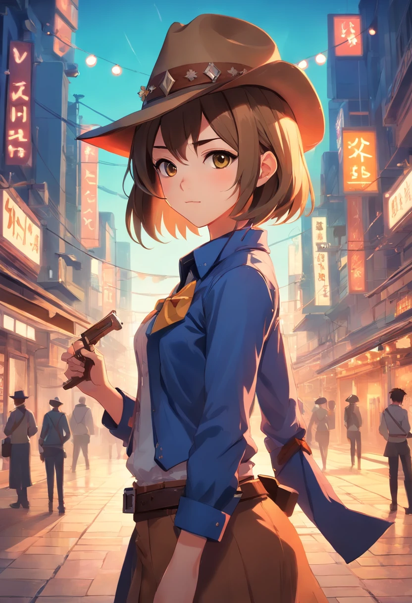 Make an illustration of a girl cosplaying the cowboy character from the game Identity V