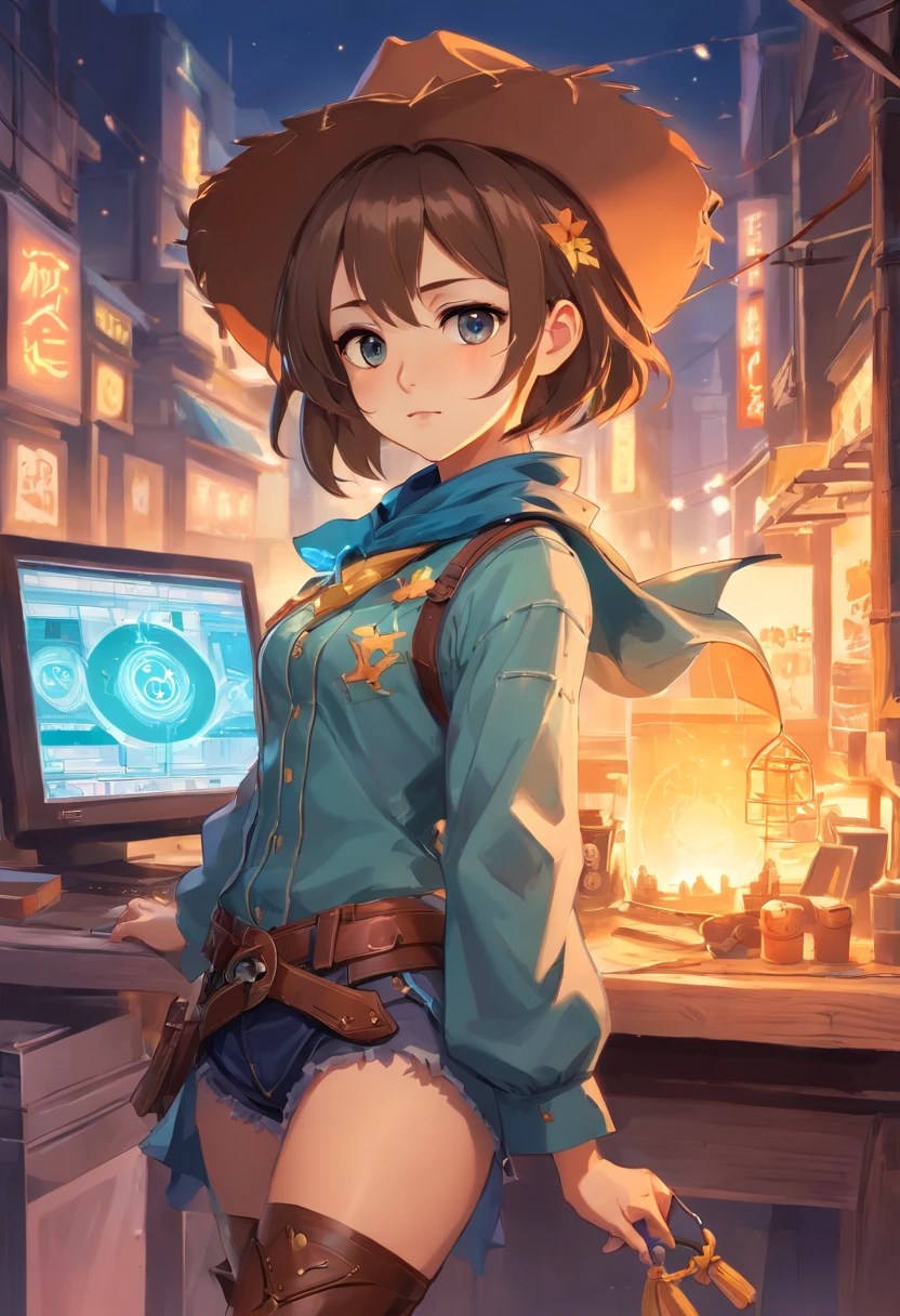 Make an illustration of a girl cosplaying the cowboy character from the game Identity V
