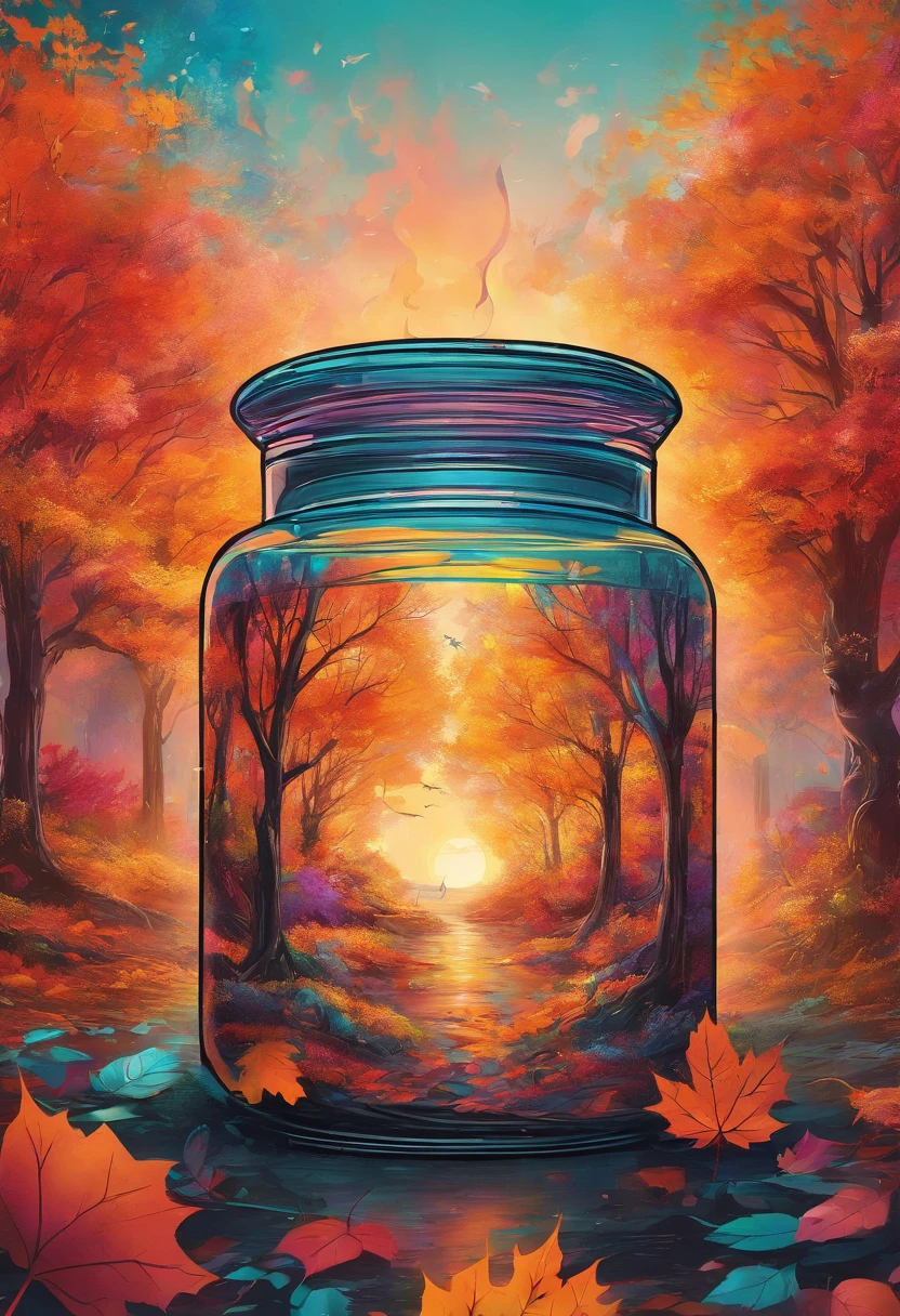*Double exposure shot of an ultra-detailed candle set within a breathtaking autumn landscape, accompanied by iridescent smoke encapsulated within a jar. The scene radiates a very glowy, holographic, and rainbowish light, maintaining realistic elements. The setting is enlivened by the bioluminescence of autumn leaves, casting their own glowing hues into the surrounding atmosphere. Create an image that is both real and enchanted, capturing the unique aesthetics of autumn within a glass scenario that captivates viewers.