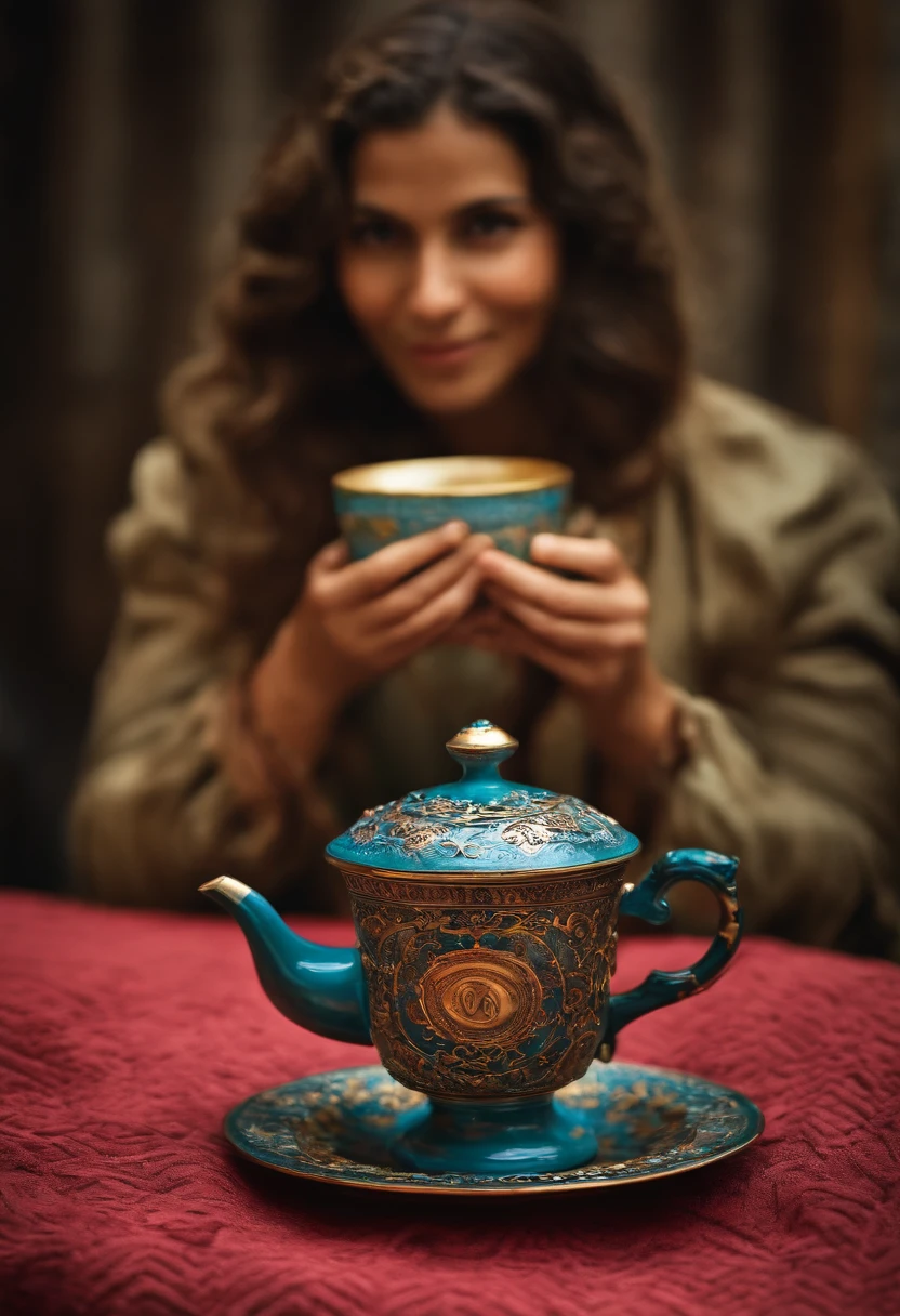 chapeleiro maluco, busto, de frente, sorrindo, holding a cup in front of the camera, The cup would be a little down, oozing a tea with various mathematical symbols, All of this is in a mathematical cry
