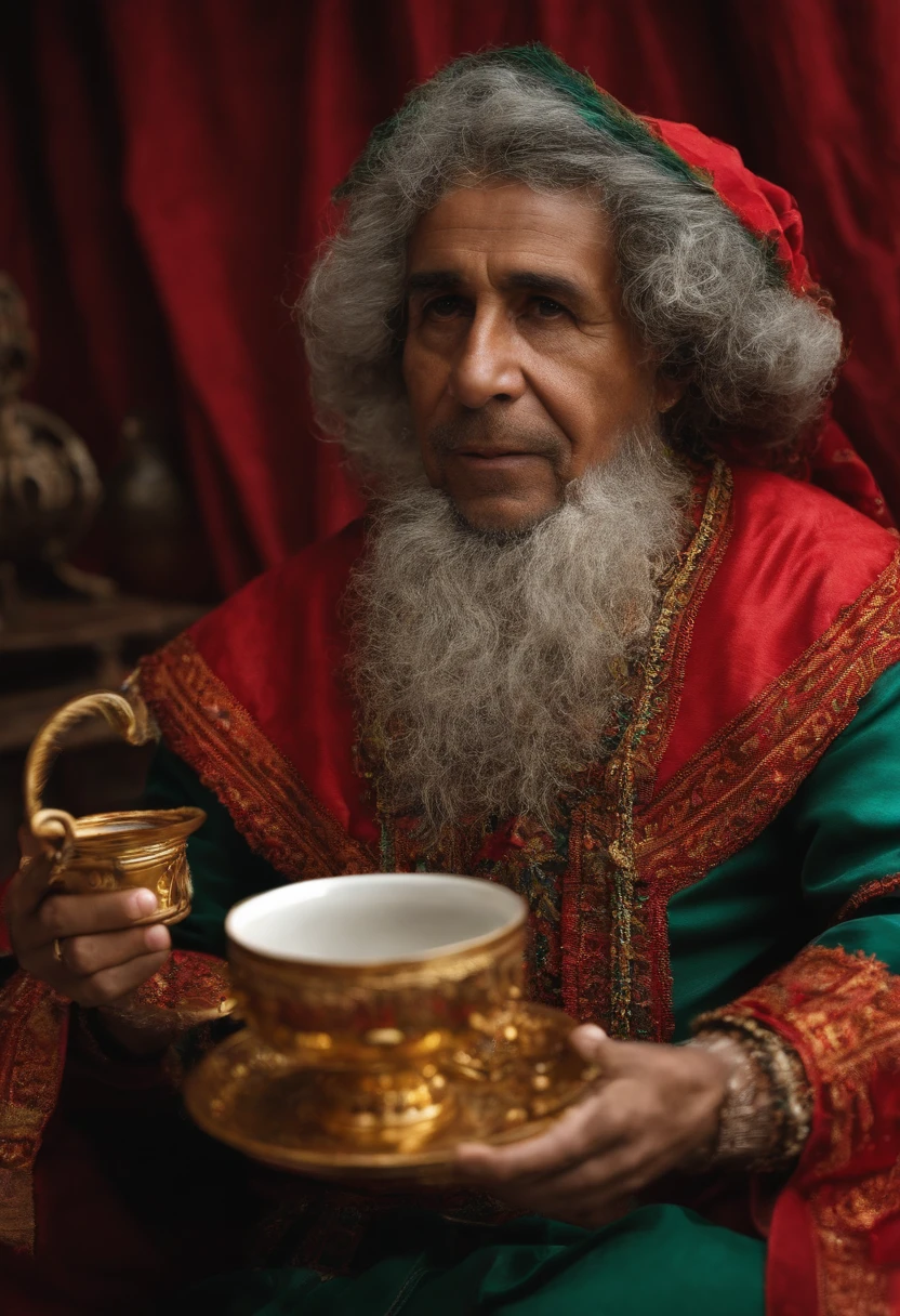 chapeleiro maluco, busto, de frente, sorrindo, holding a cup in front of the camera, The cup would be a little down, oozing a tea with various mathematical symbols, All of this is in a mathematical cry