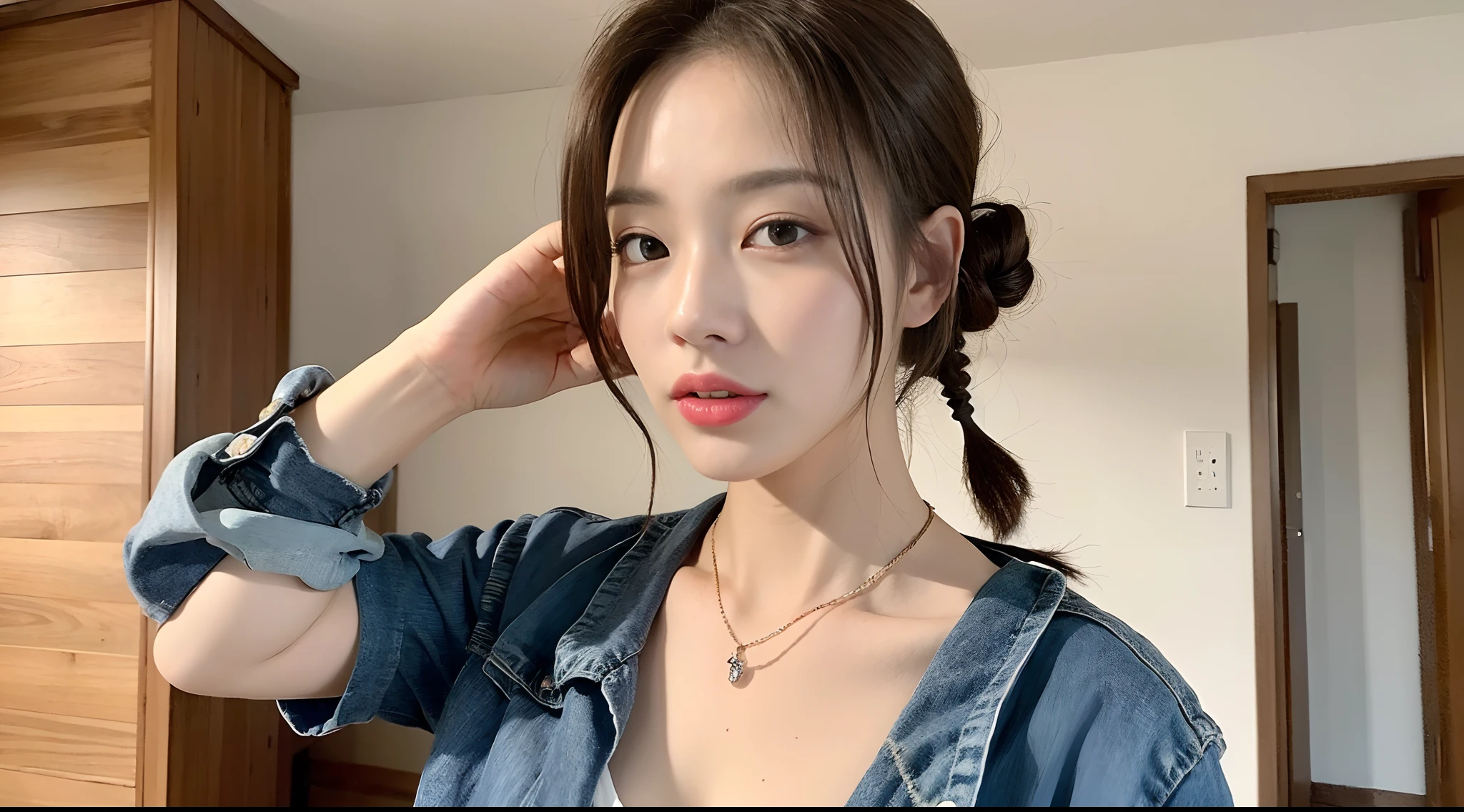 ((Best quality, 8k, Masterpiece :1.3)), 1girl, Pretty woman with emphasizing slender abs :1.3, (random hairstyles, Huge breasts :1.2), Casual outfit :1.2, Indoor, Ultra-detailed face, Detailed eyes, Double eyelid