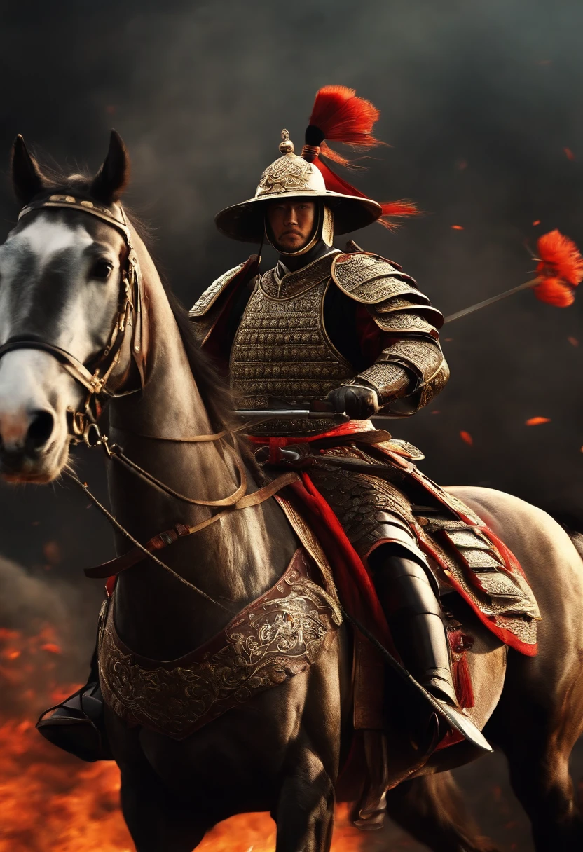 General Zhao Yunyang in white robe, white helmet, White armor, White horse, spear, Hilly area, 100,000 enemy troops surrounded from a distance, Blood stains, Wolf smoke, Golden Iron Horse