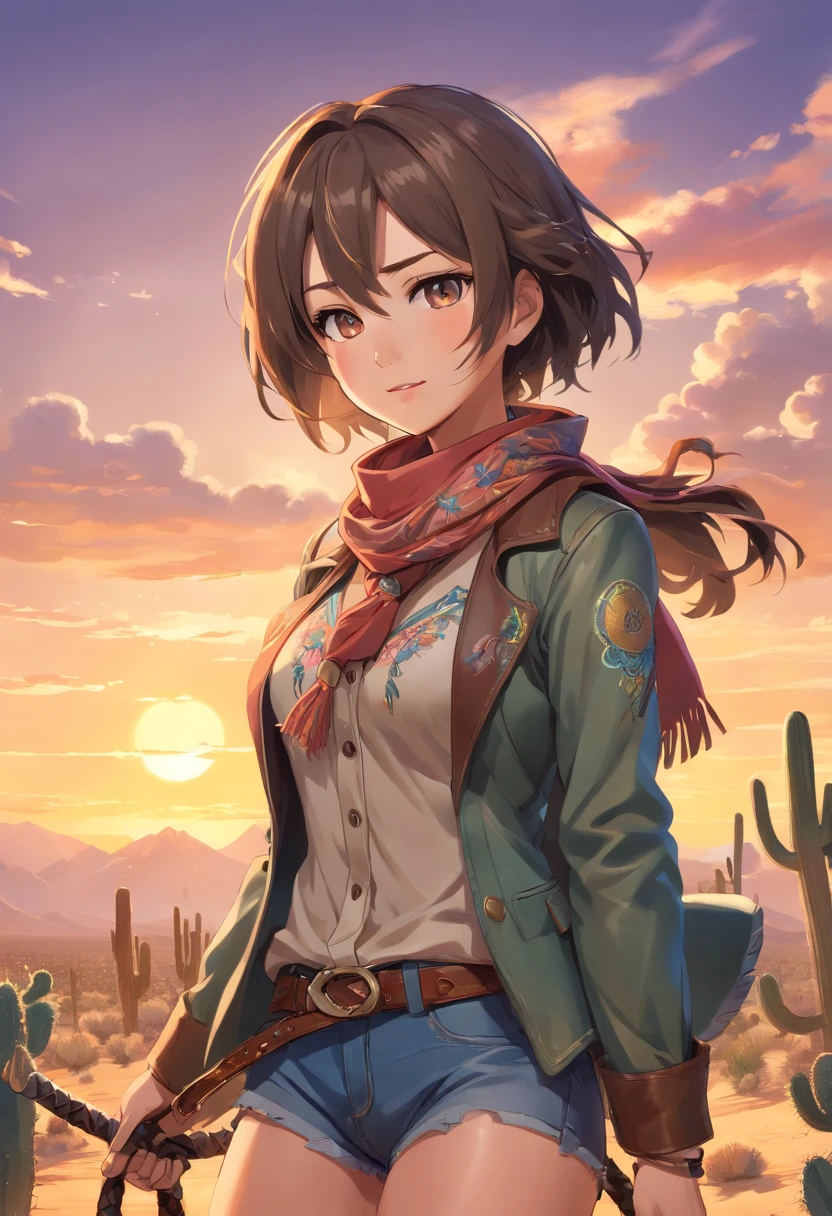 illustration,girl costume dressing as,cowboy character,Identity V game,cowgirl hat,wild west style,cowboy boots,
floral patterned shirt,leather vest,belt buckle,fringed jacket,detailed paisley bandana,scarf,rodeogloves,silhouette 
of horse,Cowboy themed props and set,cowboy hat,spurs,lasso,golden sheriff badge,saddle,wild horse running,
dusty desert,lonely cactus,repeating pattern of horseshoes,moonlit night,shadows and silhouettes,desert sunset,
medium of illustration,with detailed linework and shading,realistic color palette,charcoal pencil sketch,digital painting,
(best quality,4k,8k,highres,masterpiece:1.2),ultra-detailed,(realistic,photorealistic,photo-realistic:1.37),
vivid colors,dynamic lighting,studio lighting,meticulous attention to detail,expressive facial features,sparkling eyes,
beautiful detailed lips,determination in her expression,hint of a smile,confident stance,posing with the lasso,windswept hair