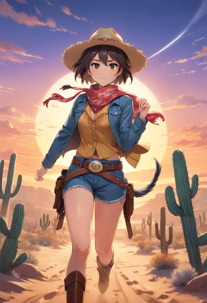 illustration,girl costume dressing as,cowboy character,Identity V game,cowgirl hat,wild west style,cowboy boots,
floral patterned shirt,leather vest,belt buckle,fringed jacket,detailed paisley bandana,scarf,rodeogloves,silhouette 
of horse,Cowboy themed props and set,cowboy hat,spurs,lasso,golden sheriff badge,saddle,wild horse running,
dusty desert,lonely cactus,repeating pattern of horseshoes,moonlit night,shadows and silhouettes,desert sunset,
medium of illustration,with detailed linework and shading,realistic color palette,charcoal pencil sketch,digital painting,
(best quality,4k,8k,highres,masterpiece:1.2),ultra-detailed,(realistic,photorealistic,photo-realistic:1.37),
vivid colors,dynamic lighting,studio lighting,meticulous attention to detail,expressive facial features,sparkling eyes,
beautiful detailed lips,determination in her expression,hint of a smile,confident stance,posing with the lasso,windswept hair