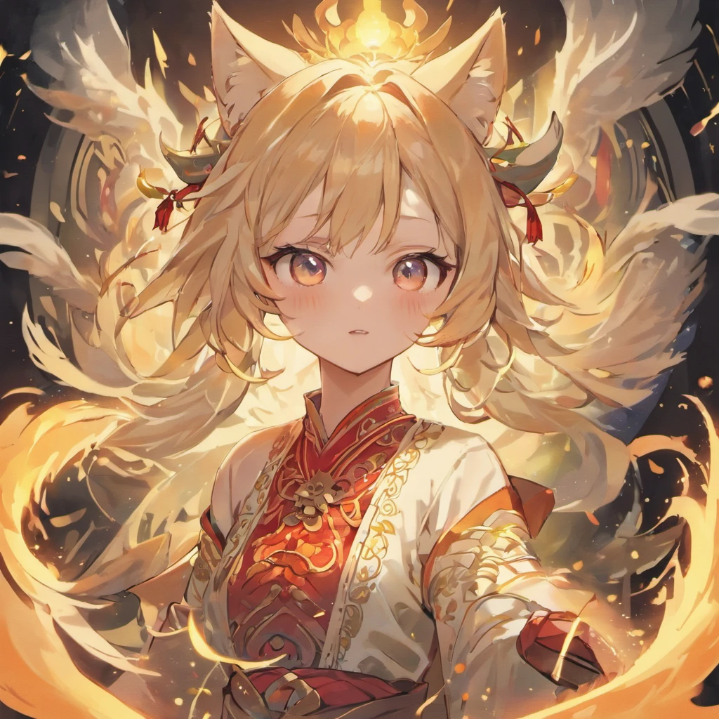 (fundo branco:1.4),(The face of the girl's head, olhos abertos, longos cabelos brancos,orelhas de raposa branca,There are nine cute fox tails,A cauda tem uma cor vermelha ardente no final, Elementos Orientais),(Chinese illustration:1.3,arte em papel:1.3, Arte em papel acolchoado:1.2),( Reasonable design, linhas claras, alta nitidez,best quality, Very detailed, master part, Efeito de luz do filme, 4k )