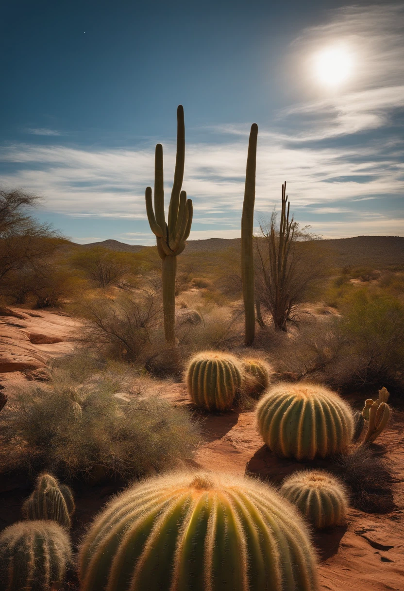 Paisagem, Cactus plants in a desert area with a sky background, caatinga, Paisagem do deserto, serene desert scenery
