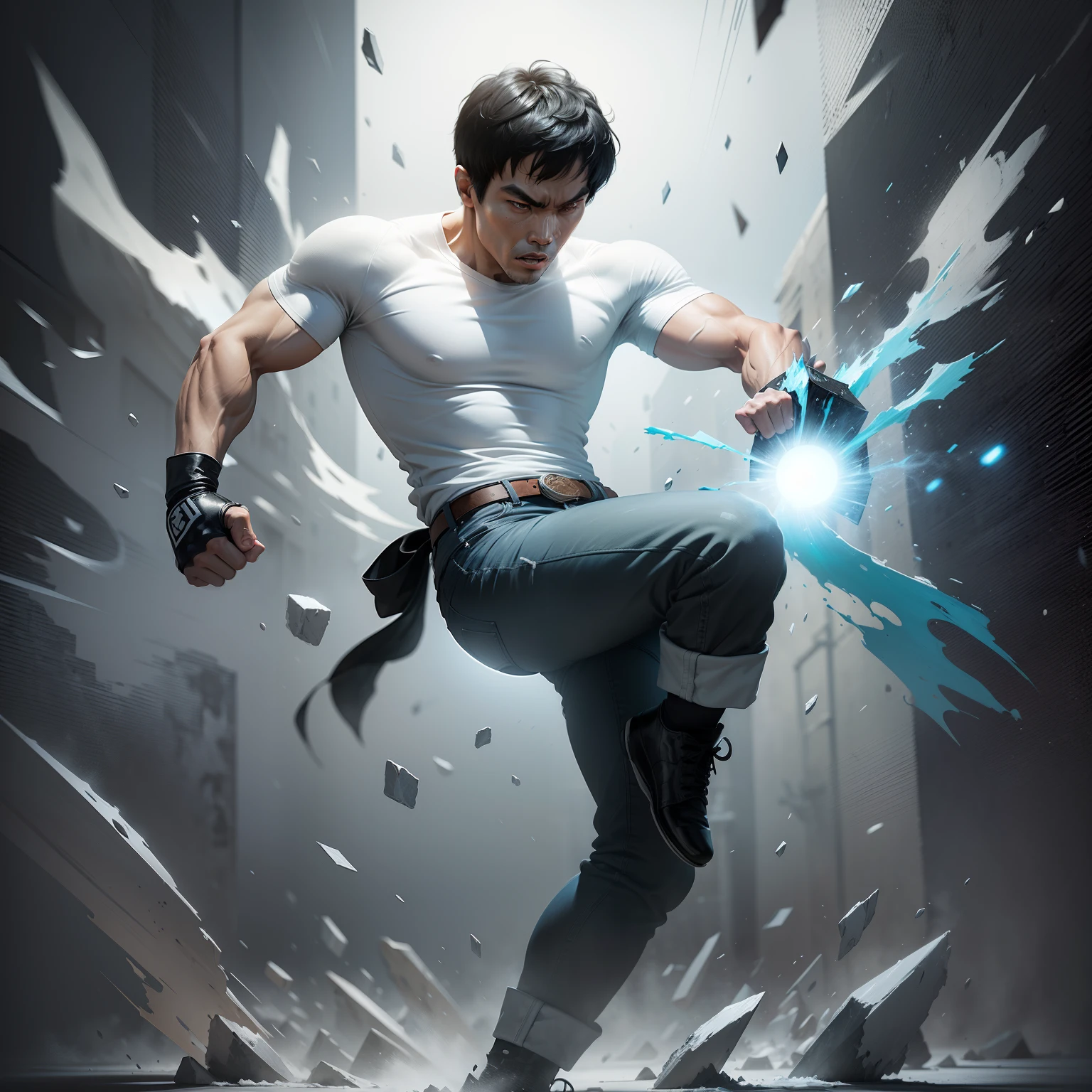 Bruce Lee wearing a white shirt and black jeans, shattering a huge block of ice with his fist, ice shattering from impact, by Bastien Grivet, graffiti airbrushing techniques, high definition, accent lighting, contrasted with bright paint colors, by Squal92i, Mysterious