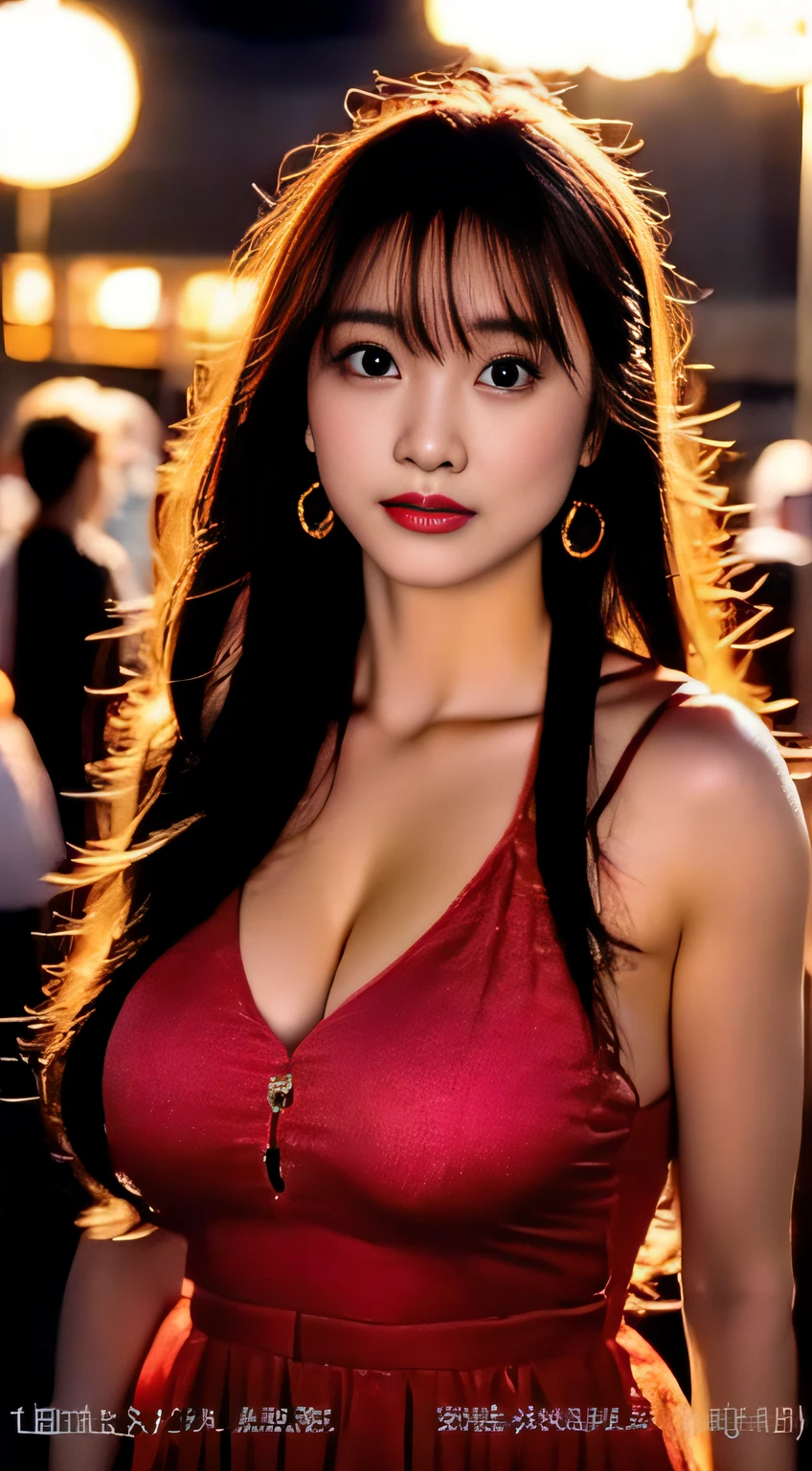 top-quality。８K-Picture。Ultra-high pixel。The background is the city at night。girl with。hair is long and slightly wavy,,,,,,,,,,,,,,,,,,,,,,,,,,,,,,,,,,,,,,,,,,,,,,,,,,,,,,,,,,,,,,,,,,,,,,,,,,,,,,,,,,,,。The color is dark brown。Glamour style、((huge-breasted：1.8))。wearing red dress、Photos dancing brilliantly。Delicate finish overall。The body line is gorgeous。legs are long、Wear red high heels。((Hair shines like a reflection of the street。The eyeball reflects the surrounding landscape。The skin is wet with night dew))。Almost perfect woman。((time々In close-up of the upper body))。The second highlighted part々I want you to express it in close-ups。