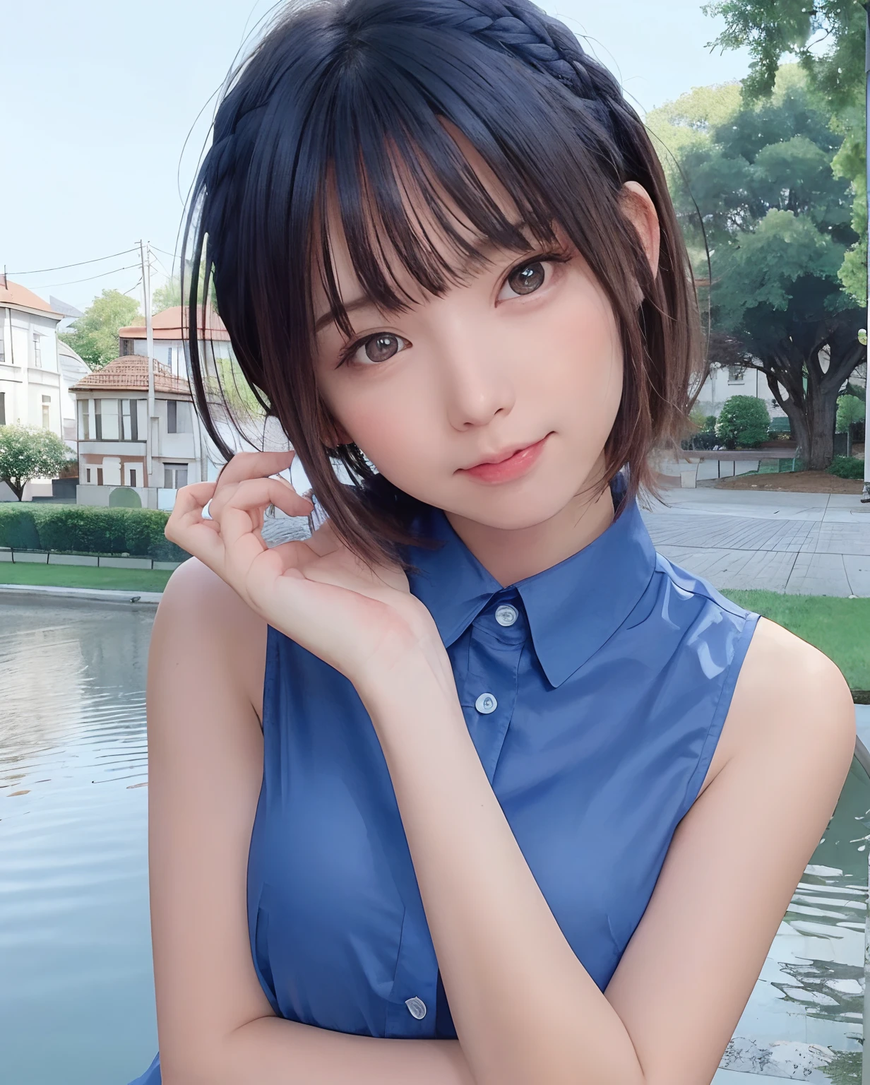 Best Quality, Photorealistic, 8K, hight resolution, fulcolor, 1girl in, Woman, 20yr old female, (Closed mouth:1.73), (Skindentation), (Portrait:0.6), Trees, park bench, Daylight, ((Park background:1.52)), fulcolor, ((Sleeveless Blue Shirt:1.58)), Looking at Viewer:1.8, (1girl eyes looking at viewer:1.55), (Medium Hair, brawn hair, parted hair:1.45),