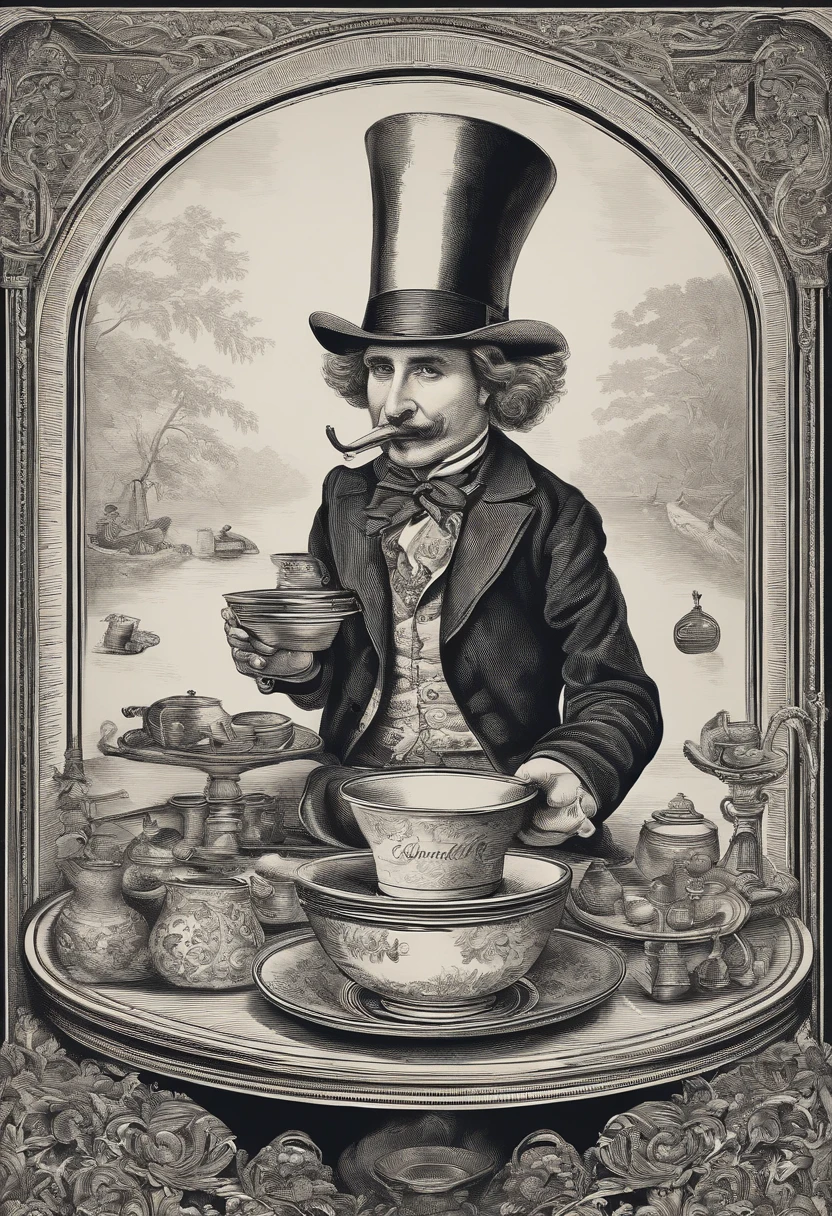 Um retrato pitoresco apresenta o Chapeleiro Maluco, de frente pra camera, exibindo sorriso extravagante. The Hatter holds a glass in front of the camera, with the bowl tilted slightly downwards. De dentro do copo, a seething tea oozes, decorated with a multitude of mathematical symbols that meander in mesmerizing spirals. This peculiar and chaotic scene is, ao mesmo tempo, A celebration and a challenge to the mind, a mathematical scream that seems to echo through the camera lens.