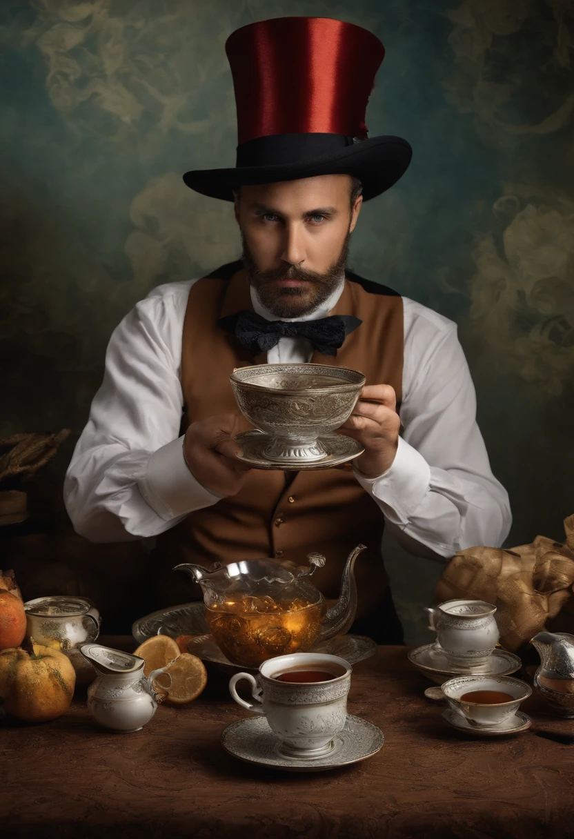 Um retrato pitoresco apresenta o Chapeleiro Maluco, de frente pra camera, exibindo sorriso extravagante. The Hatter holds a glass in front of the camera, with the bowl tilted slightly downwards. De dentro do copo, a seething tea oozes, decorated with a multitude of mathematical symbols that meander in mesmerizing spirals. This peculiar and chaotic scene is, ao mesmo tempo, A celebration and a challenge to the mind, a mathematical scream that seems to echo through the camera lens.