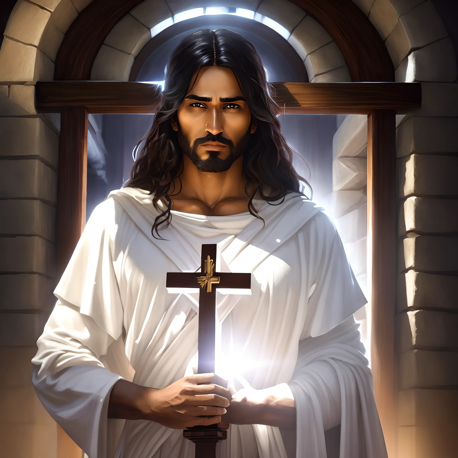 arafed man in a white robe dark skin holding a cross in front of a doorway, jesus christ, portrait of jesus christ, jesus of nazareth, dressed like jesus christ, holy sword in his hands, the lord and savior, jesus, jesus on cross, bright light masterpiece, fan art, jesus christ in mass effect, jesus on the cross, christian art